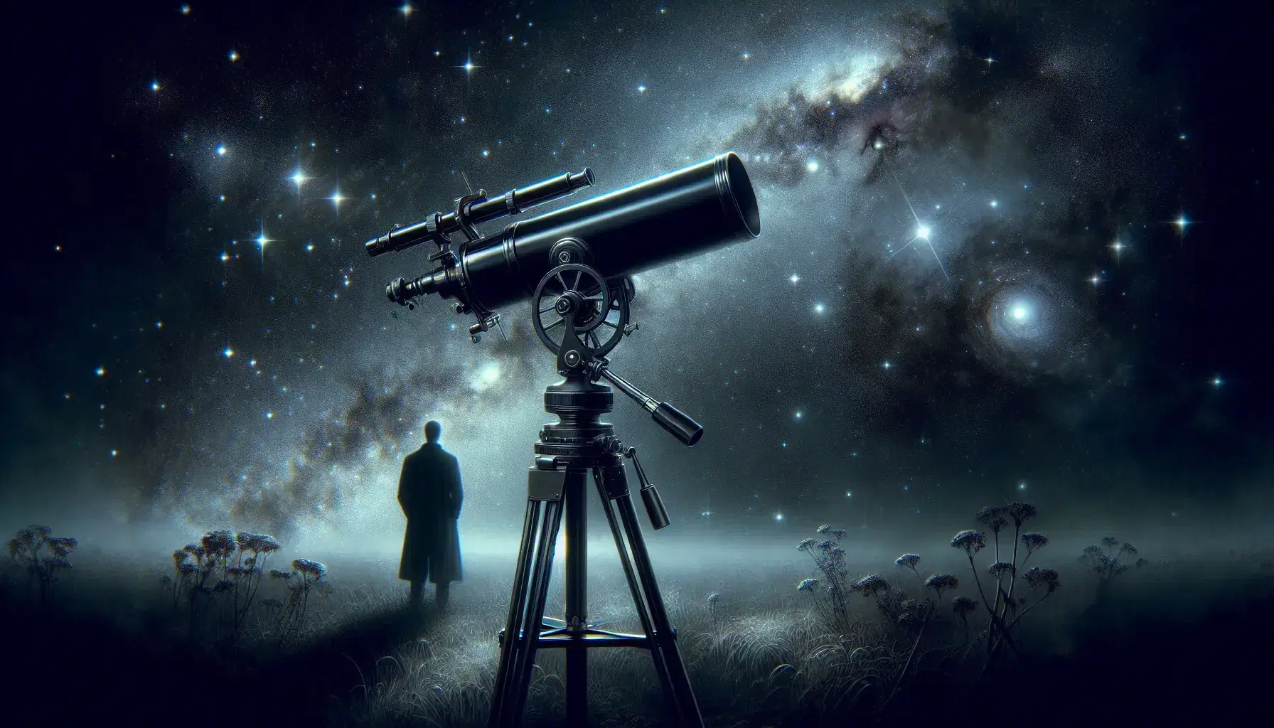 Telescopio reflector moderno negro con montura ecuatorial apuntando al cielo nocturno estrellado y nebulosas, junto a figura humana contemplativa.
