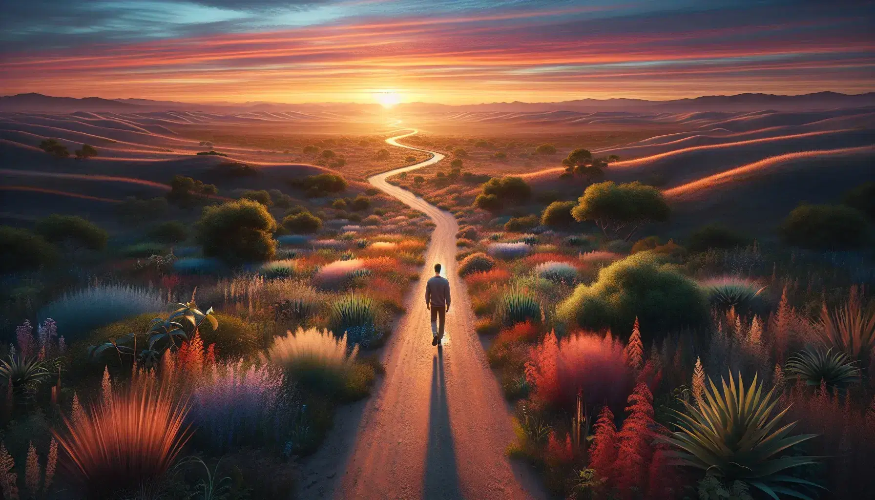 Paisaje natural al atardecer con camino de tierra, figura humana caminando, vegetación baja y cielo degradado de azul a naranja.