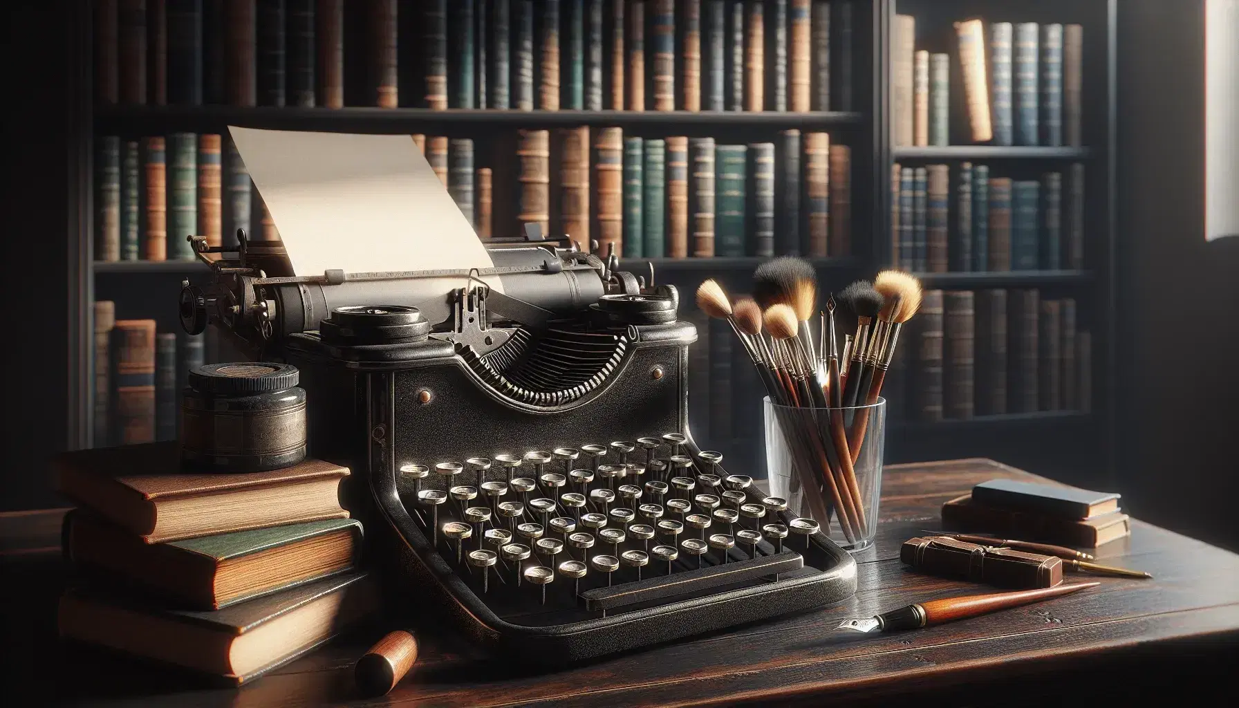 Vecchia macchina da scrivere nera con tasti bianchi su tavolo in legno scuro, penna stilografica accanto e pennelli in bicchiere, sfondo sfocato con libreria.