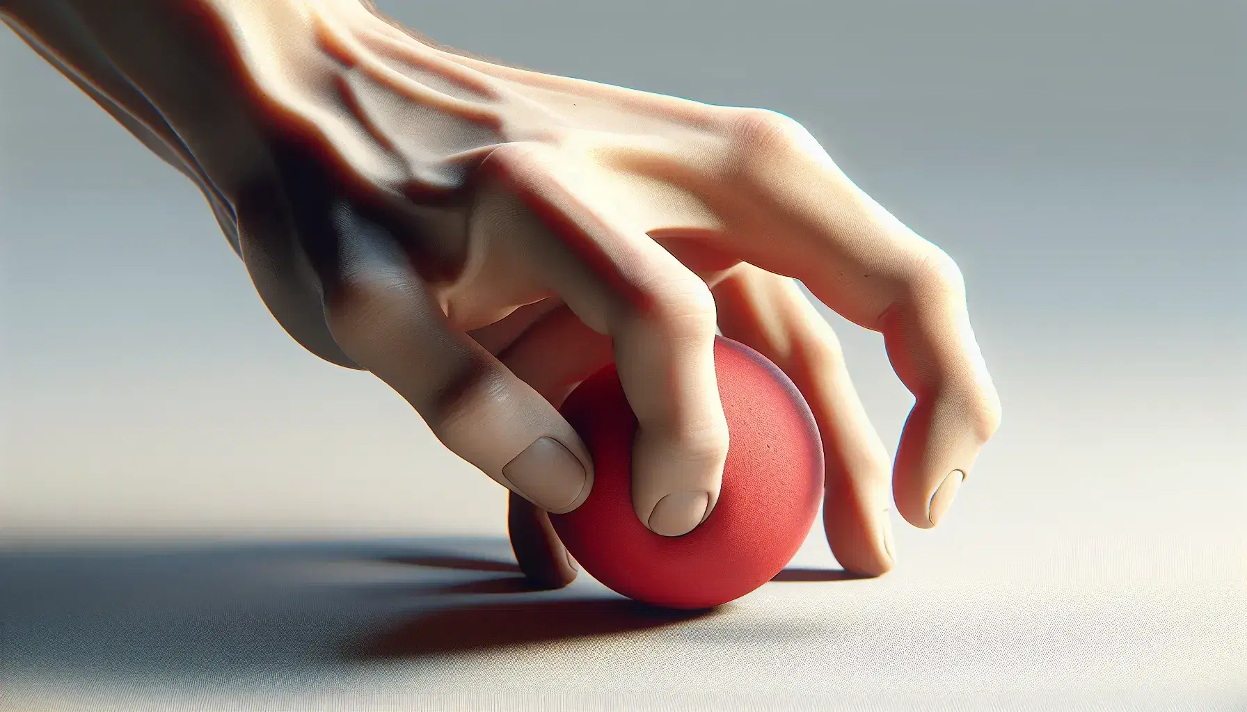 Mano humana de piel clara a punto de agarrar una pelota de goma roja sobre superficie gris, destacando la acción de prensión y la textura del objeto.