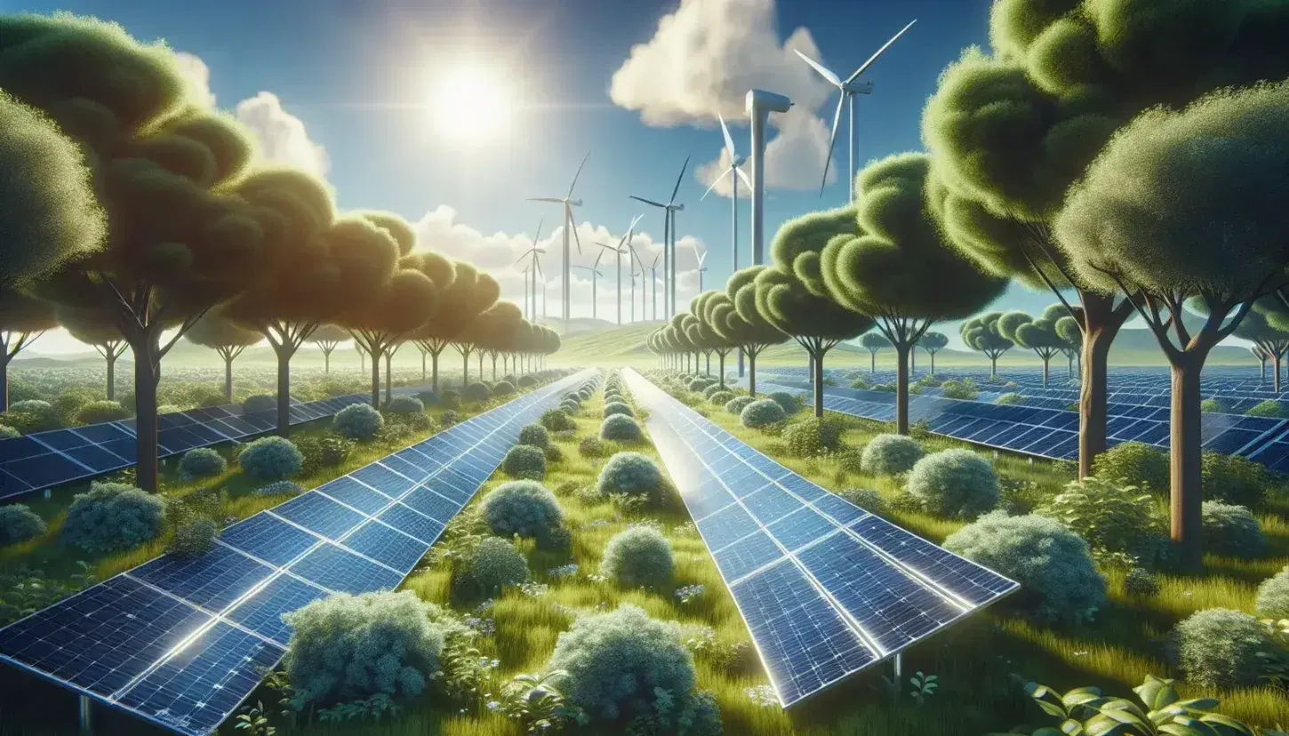 Paneles solares en primer plano sobre césped verde con fila de árboles detrás y aerogeneradores en el fondo bajo un cielo azul con nubes.