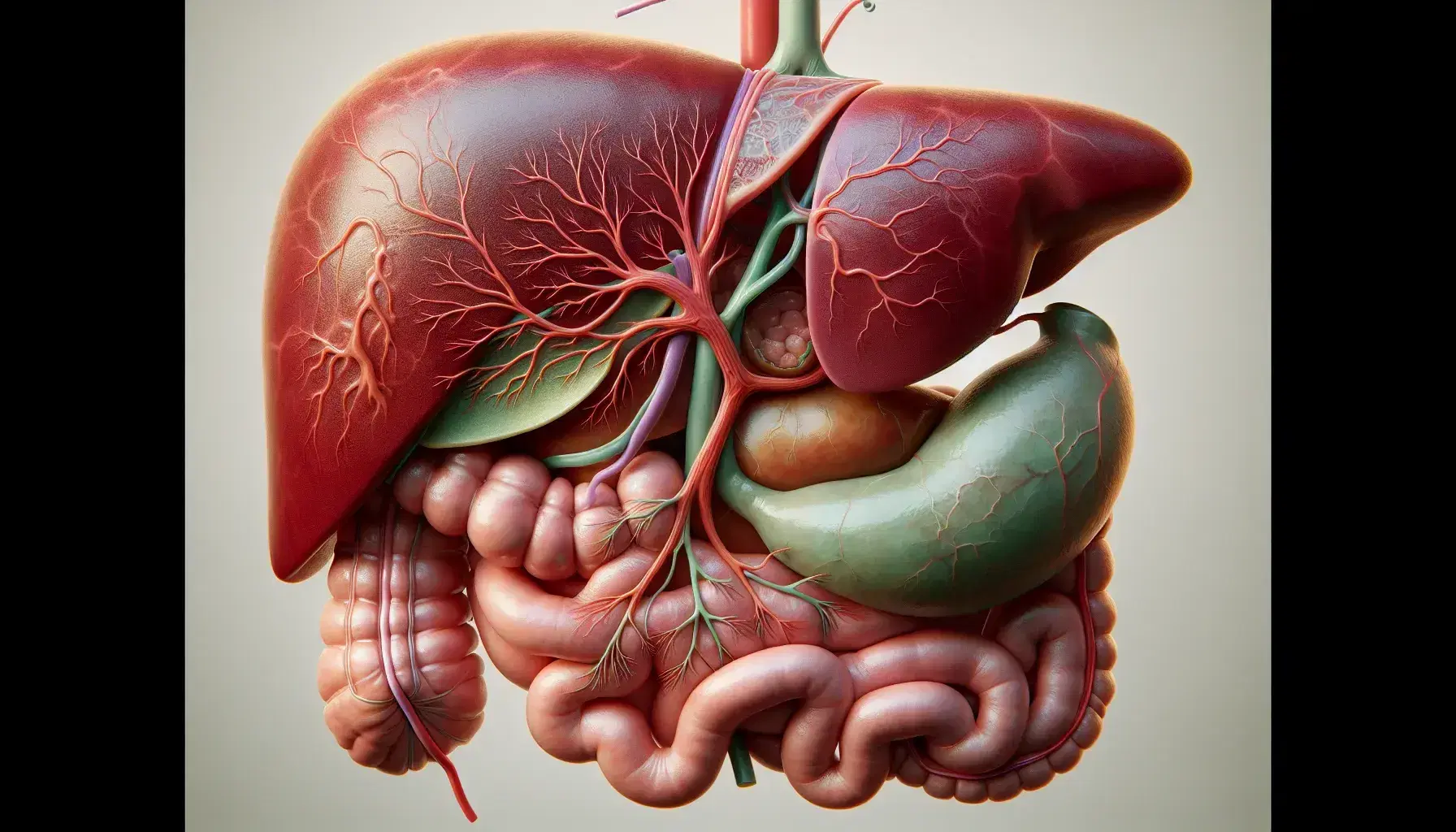 Rappresentazione anatomica dettagliata del fegato umano con cistifellea e dotti biliari collegati, su sfondo neutro.