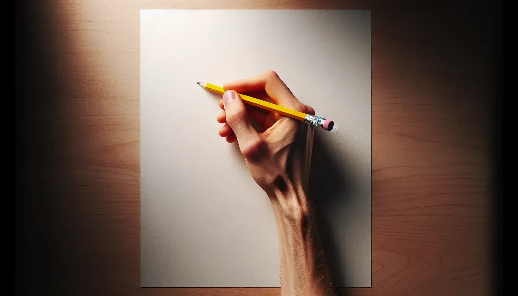 Mano sosteniendo lápiz de grafito sobre hoja blanca en mesa de madera, preparada para escribir o dibujar, iluminación suave y sin sombras marcadas.