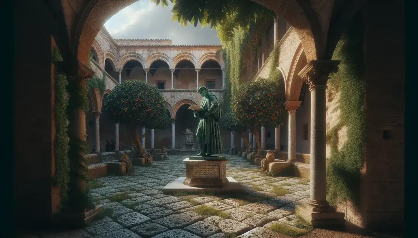Cortile interno antico siciliano con archi in pietra, statua bronzea di poeta medievale e alberi di agrumi sotto cielo azzurro.