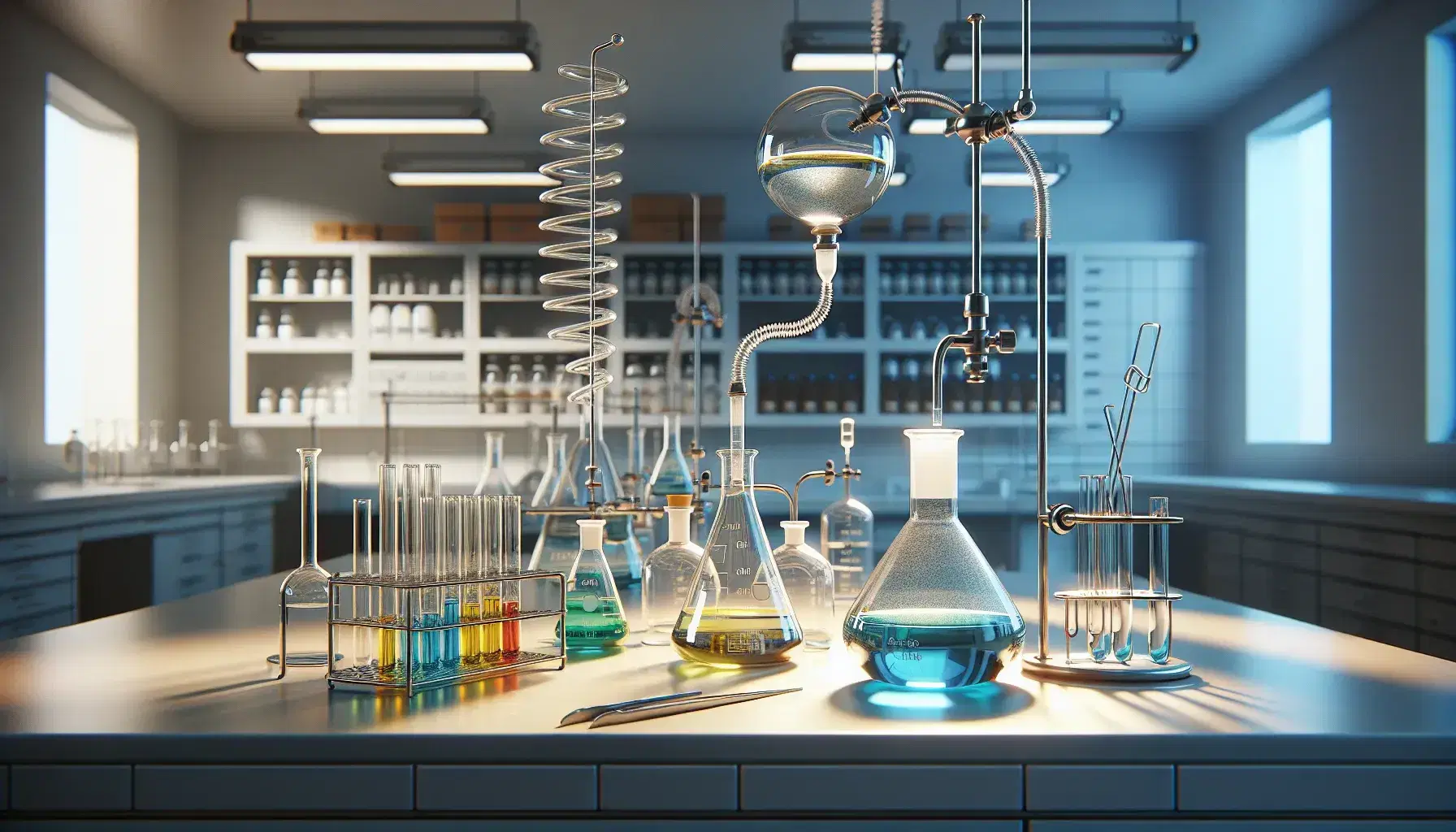 Laboratorio de química con matraces Erlenmeyer de colores, condensador de reflujo y tubo de ensayo en soporte metálico, sobre mesa con utensilios y quemador Bunsen.