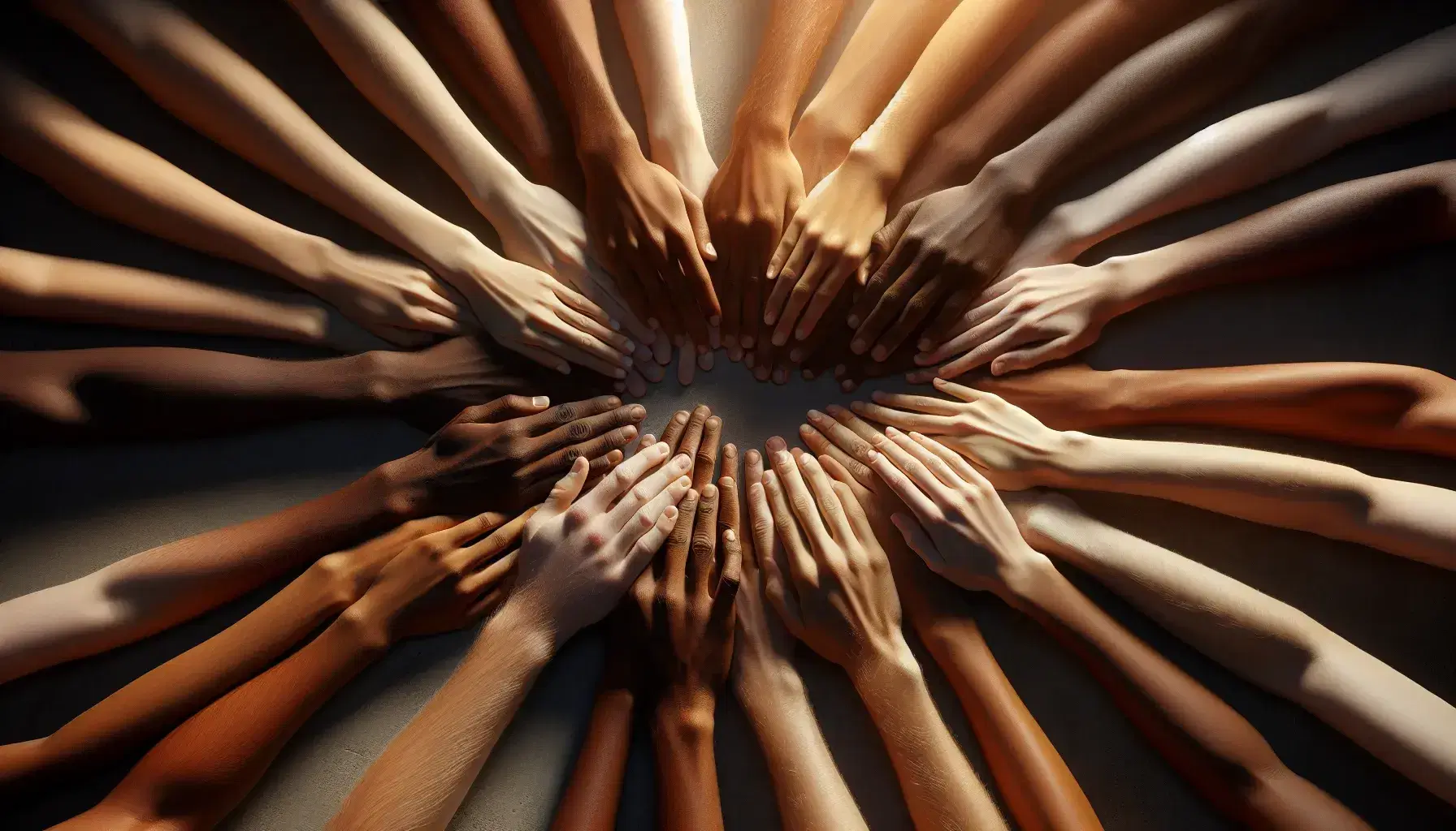 Mani di diverse tonalità di pelle si uniscono in cerchio, simboleggiando unità e diversità etnica, su sfondo neutro sfocato.