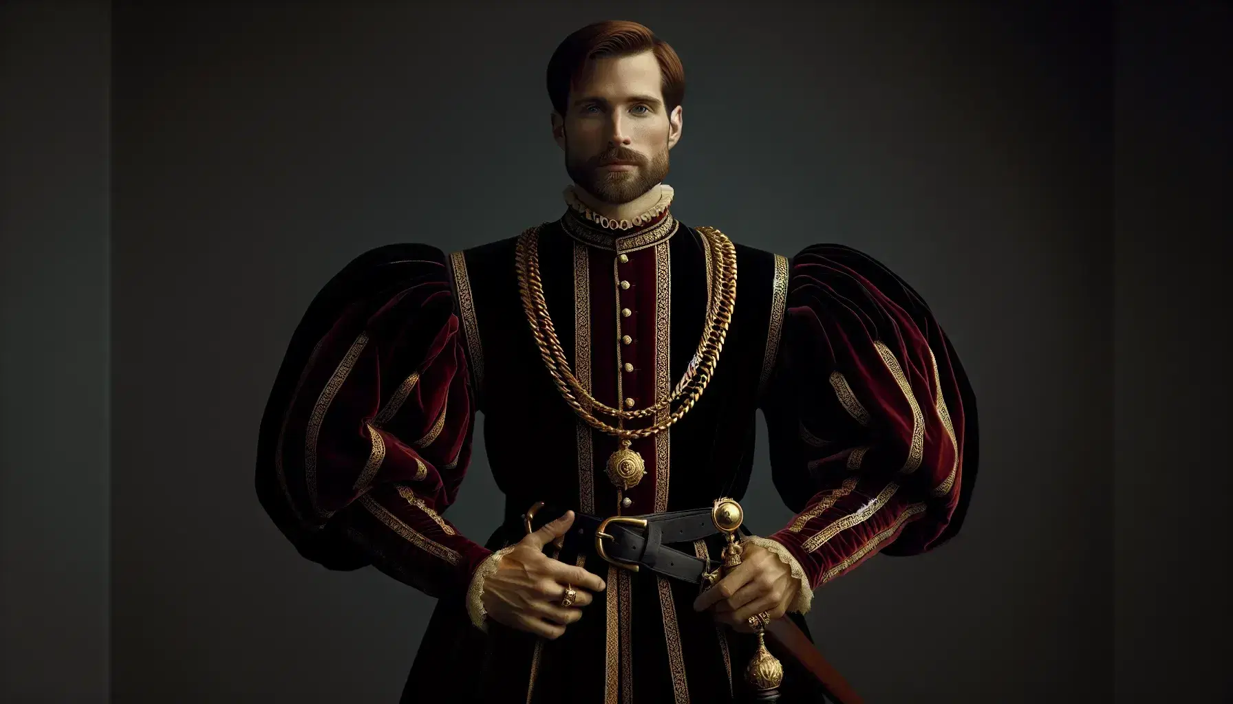 Retrato de hombre en atuendo renacentista con túnica roja, cadena de oro y espada, junto a mesa con libro y silla tallada.