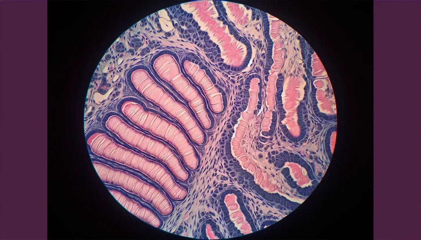 Vista microscópica de tejido epitelial respiratorio con células cilíndricas y cilia proyectándose hacia un espacio vacío, teñidas en tonos rosados que resaltan su estructura tridimensional.