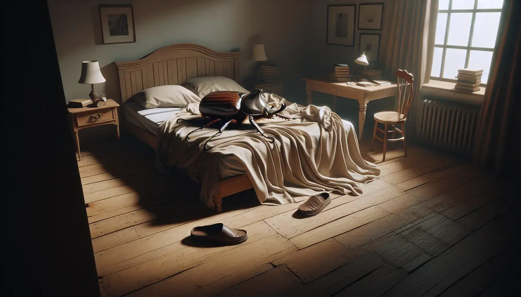 Letto disordinato con lenzuola beige e grande insetto marrone, ciabatte da uomo sul pavimento e scrivania con libri in una stanza luminosa.