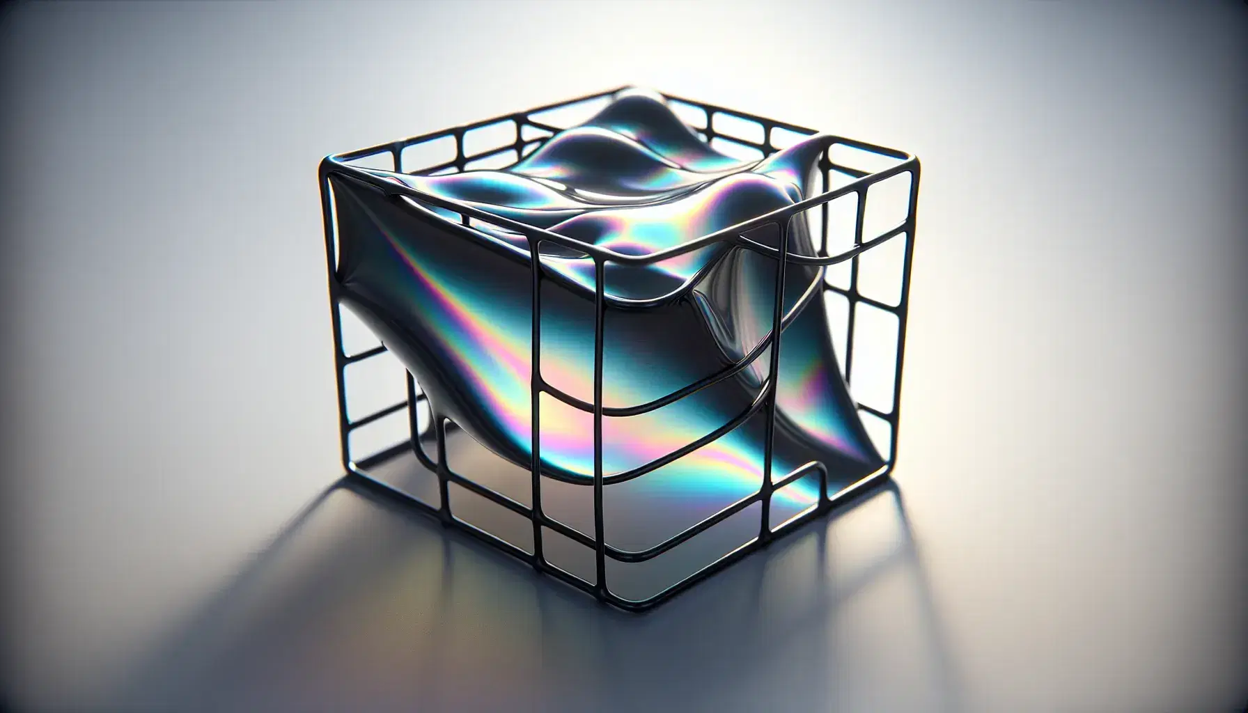 Minimal surface soap film stretched within a cubic wireframe, displaying iridescent colors with a smooth, twisting geometry against a soft gradient background.