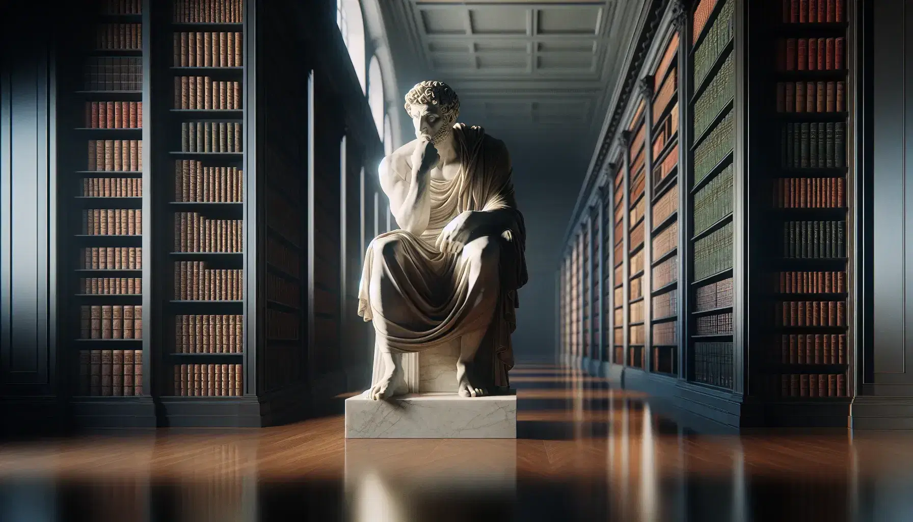 Statua in marmo di filosofo greco in toga con mano al mento, su sfondo di libreria con libri rilegati e luce naturale.