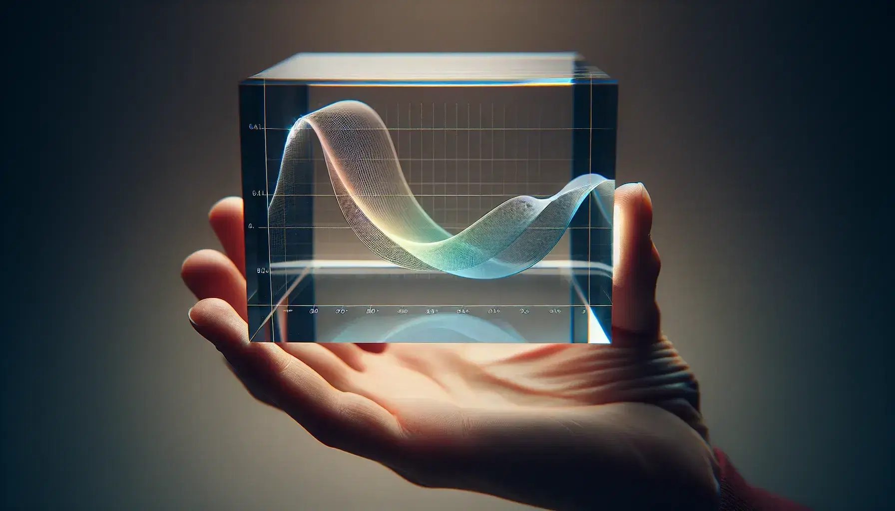 Hand holding a transparent acrylic block with a 3D etched color-gradient curve, transitioning from blue to red, against a blurred background.