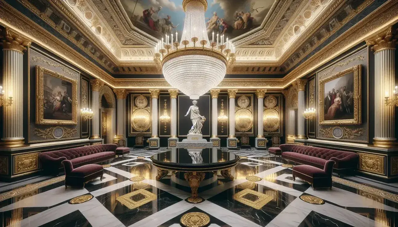 Interni neoclassici di una sala bancaria con lampadario di cristallo, tavolo in legno scuro, sedie in velluto rosso e statue marmoree.