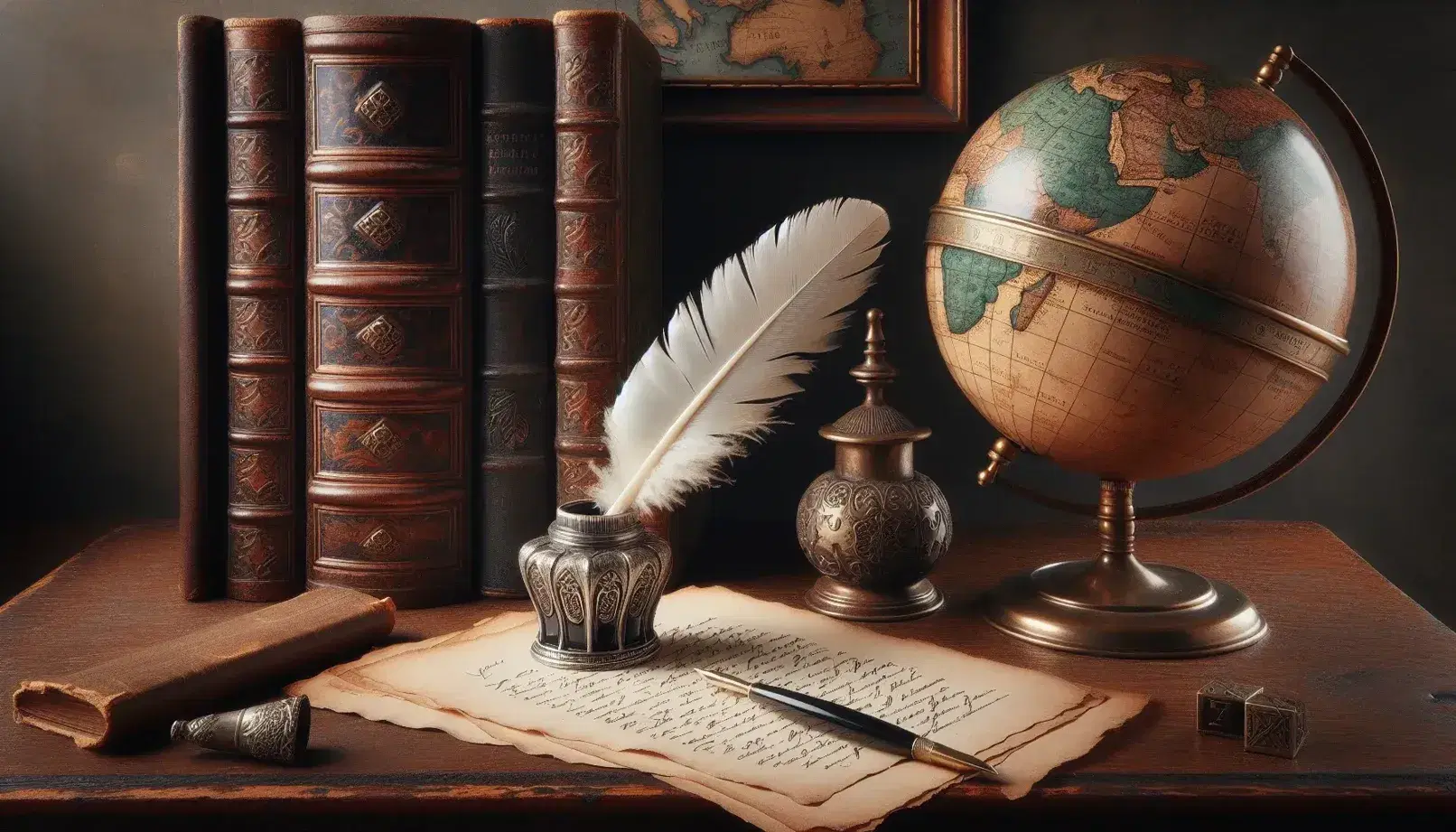Scrivania antica in legno scuro con calamaio argento, piuma d'oca, carta ingiallita, libro rilegato in pelle e mappamondo antico.