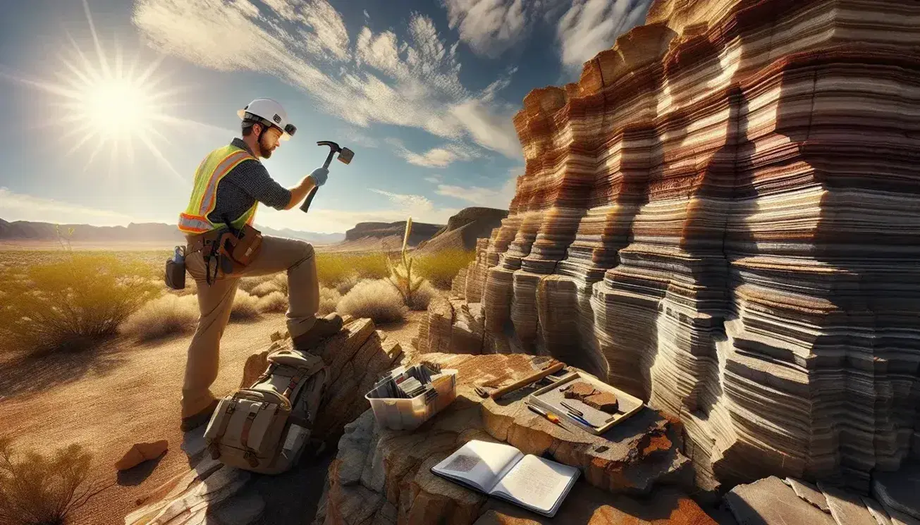 Geólogo en terreno árido tomando muestras de formación rocosa estratificada con martillo geológico, mochila de campo y libreta al lado, bajo cielo azul.