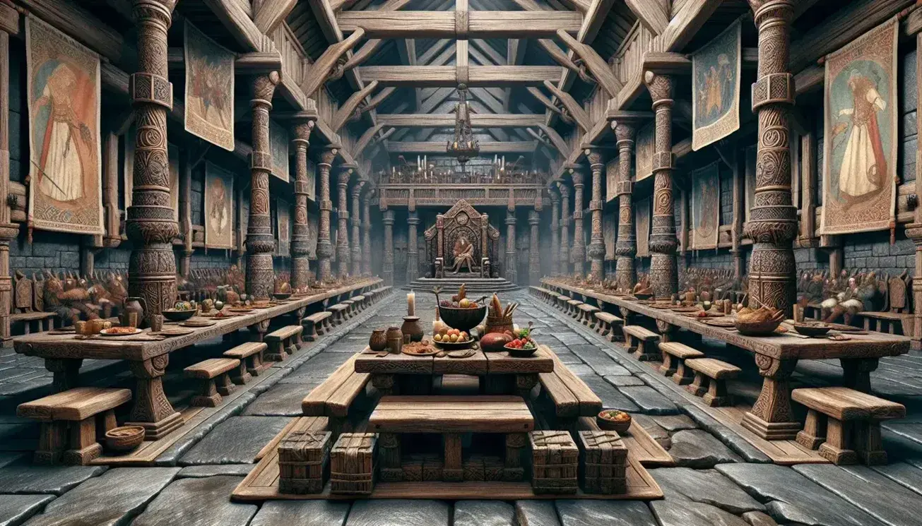Grand mead hall with high wooden ceilings, ornate tapestries, stone floors, a long table set with feast items, and a majestic carved throne.