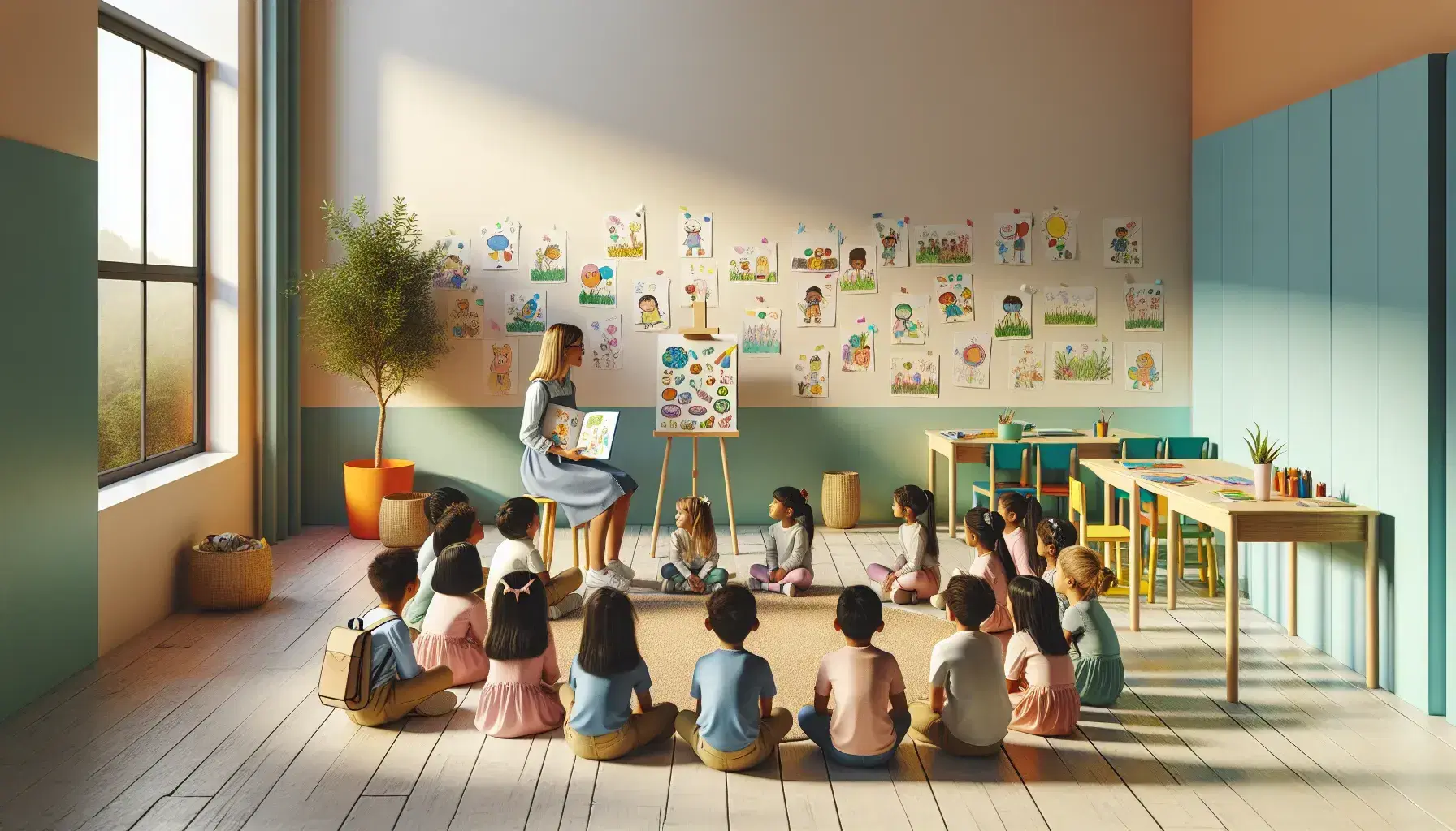 Aula colorata con studenti di diverse etnie seduti in cerchio su sedie colorate mentre ascoltano un insegnante che legge un libro illustrato.