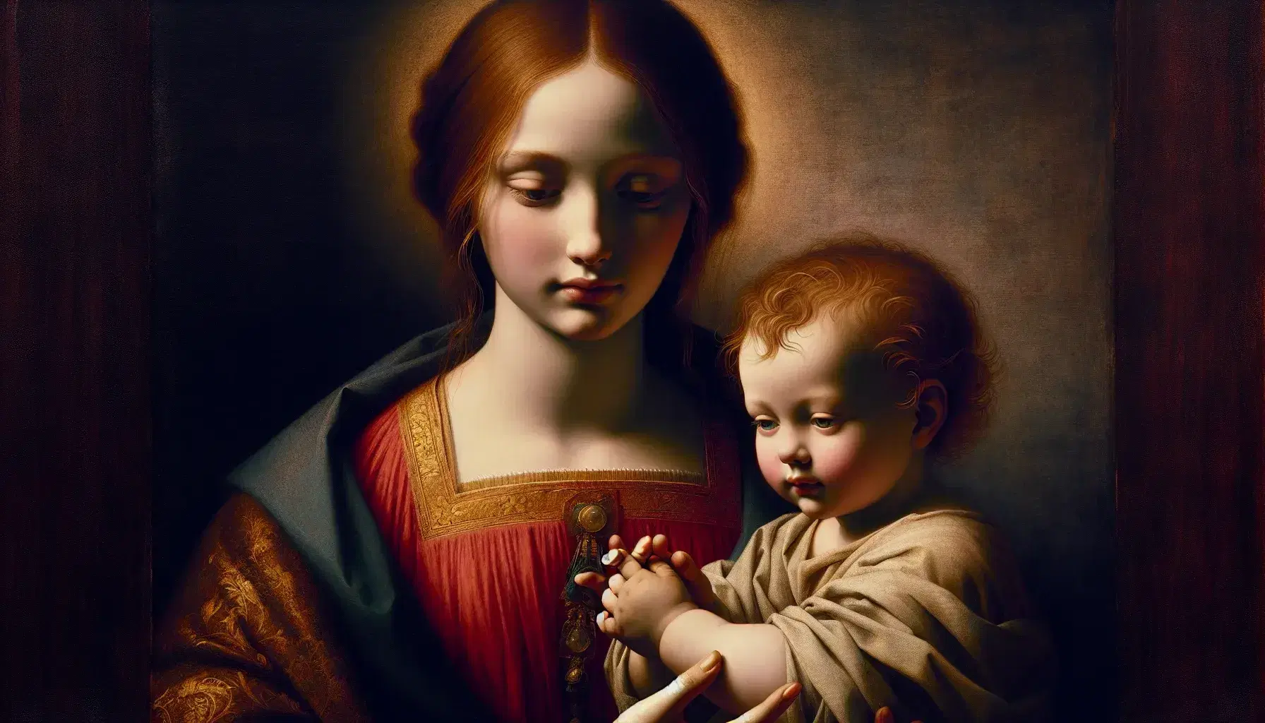 Riproduzione rinascimentale di donna con abito rosso e mantello blu che tiene in braccio un bambino avvolto in tessuto chiaro.