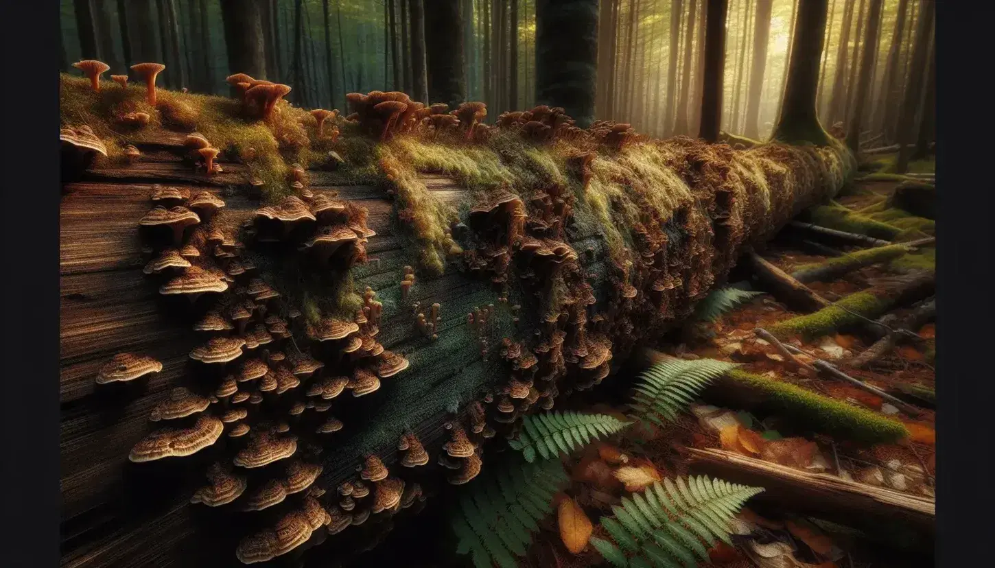 Decaying log covered in moss and mushrooms with a blurred forest floor backdrop, showcasing natural decomposition and forest ecosystem.