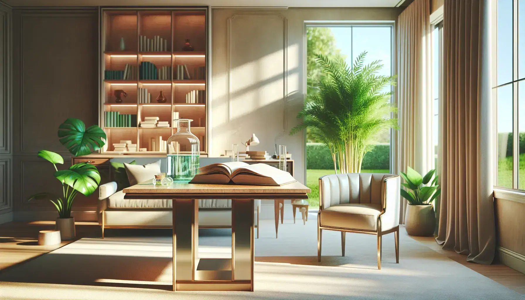 Peaceful and bright study with wooden table and open book, glass beaker, green plant, padded chair and colorful games on the carpet.