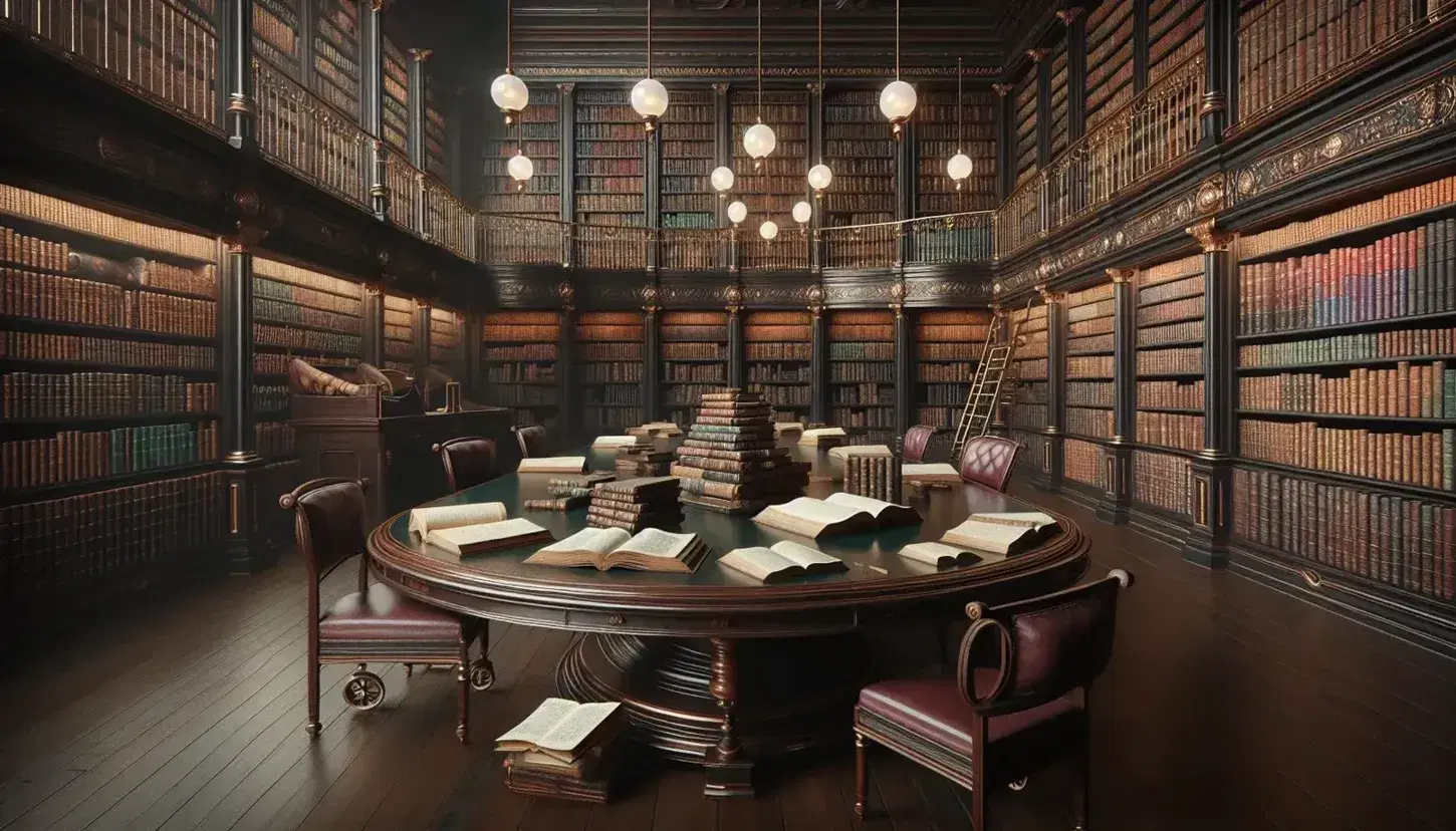 Biblioteca antica con scaffali in legno scuro pieni di libri rilegati, tavolo ovale centrale, scala mobile e statua marmorea di uomo in toga.