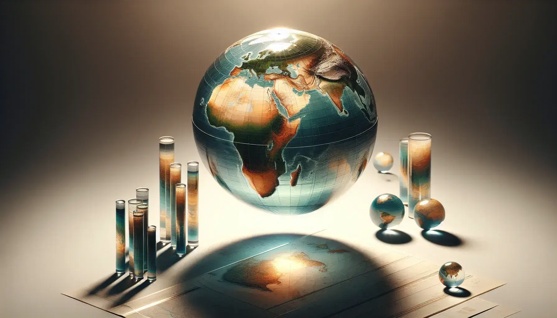 Mappamondo illuminato con contorni geografici su sfondo neutro, sfere trasparenti a destra e mappe arrotolate legate a sinistra.
