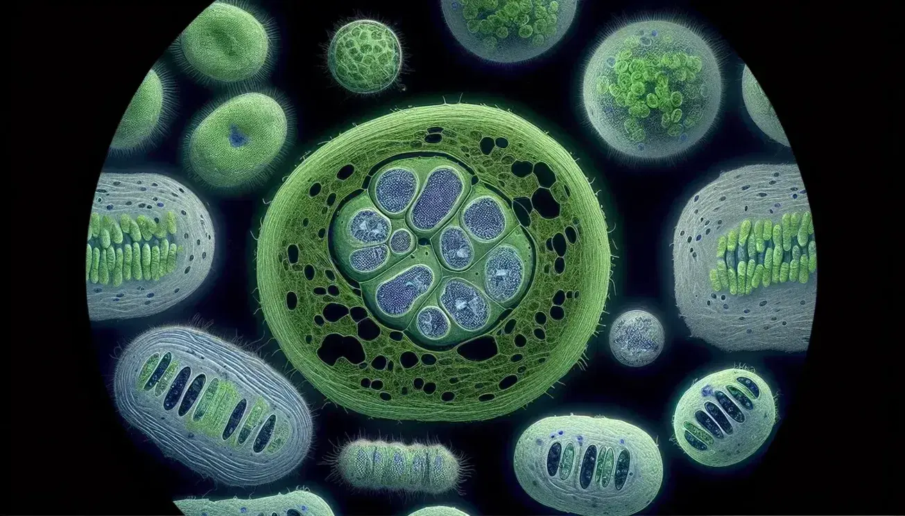 Células vegetales en diferentes etapas de división y una célula animal en telofase bajo microscopio óptico, con nueva pared celular y membrana constrictiva visibles.