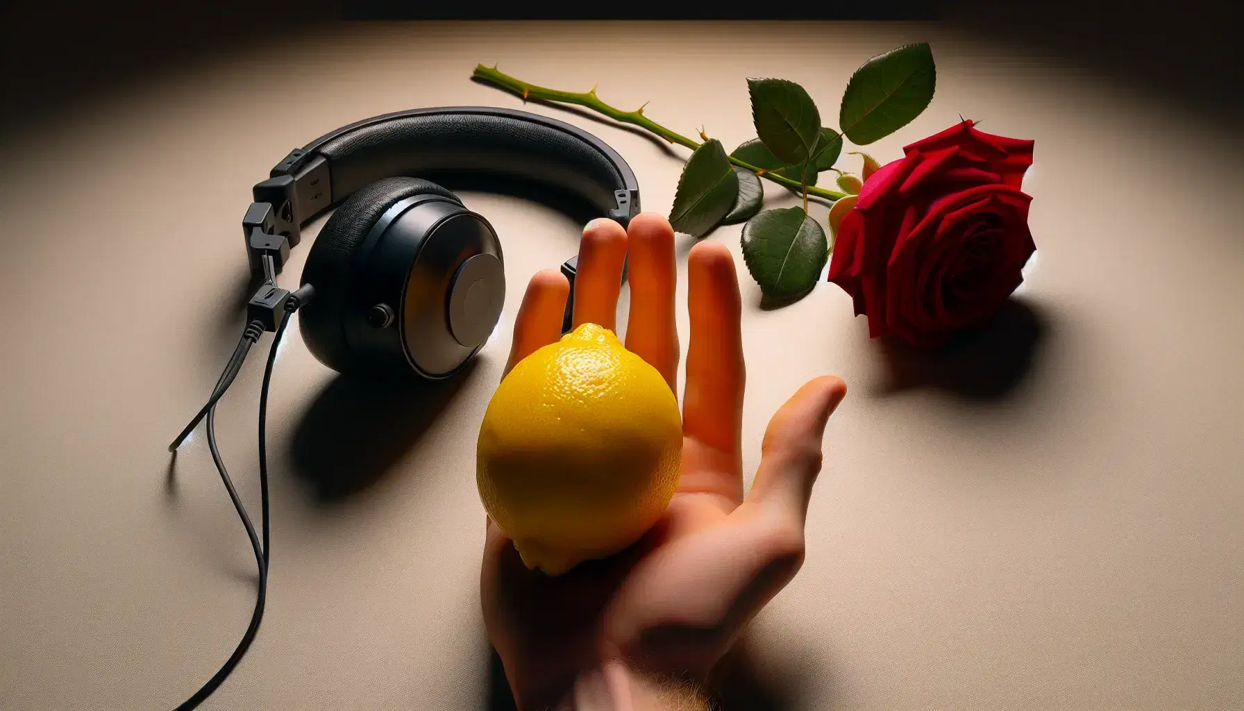 Limón amarillo fresco en primer plano con auriculares negros a la izquierda y rosa roja a la derecha, sobre fondo claro con mano humana extendida.