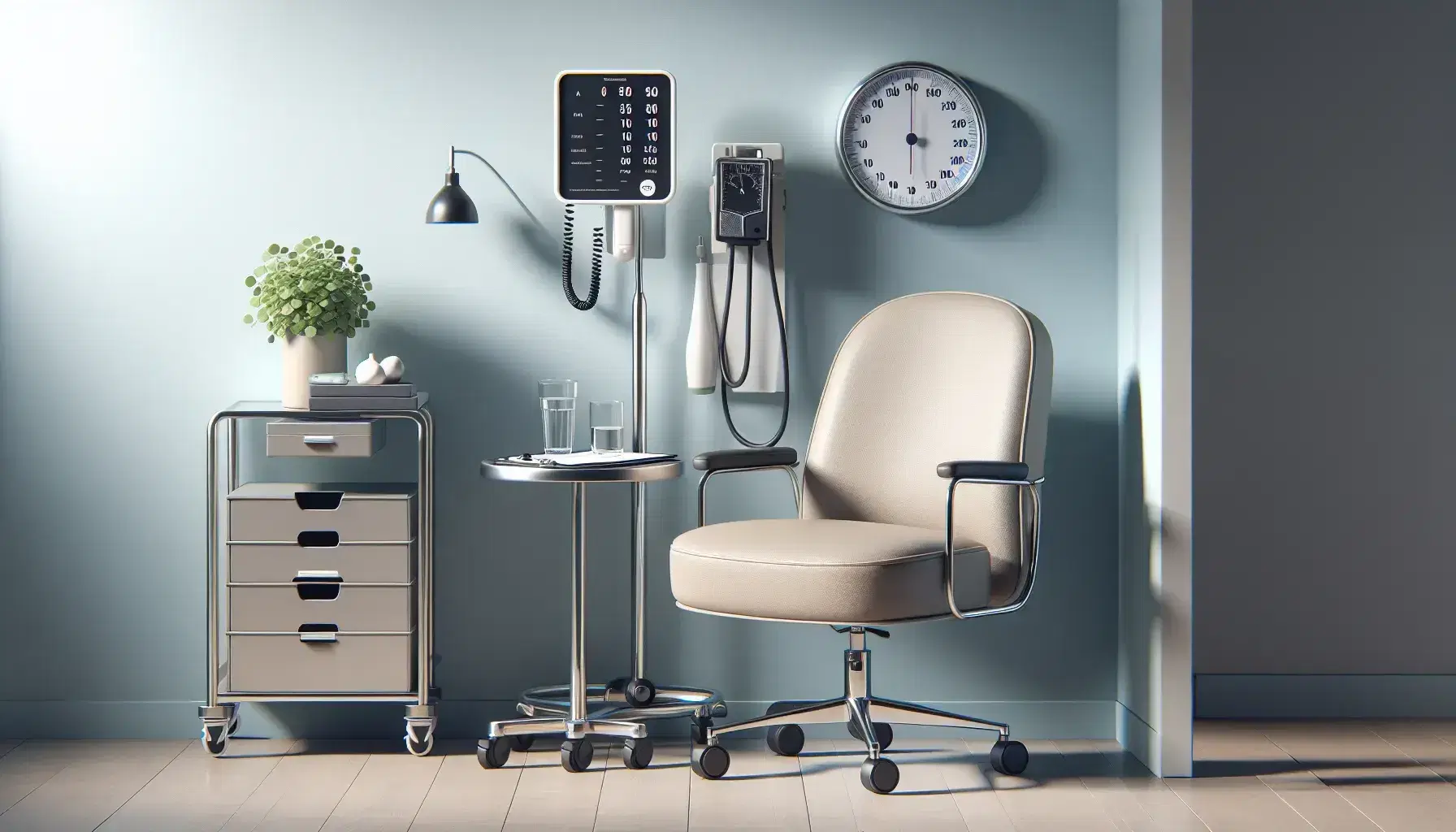 Clinical environment with beige comfortable chair, small table with water and plant, medical scale, blood pressure monitor and stethoscope on trolley.