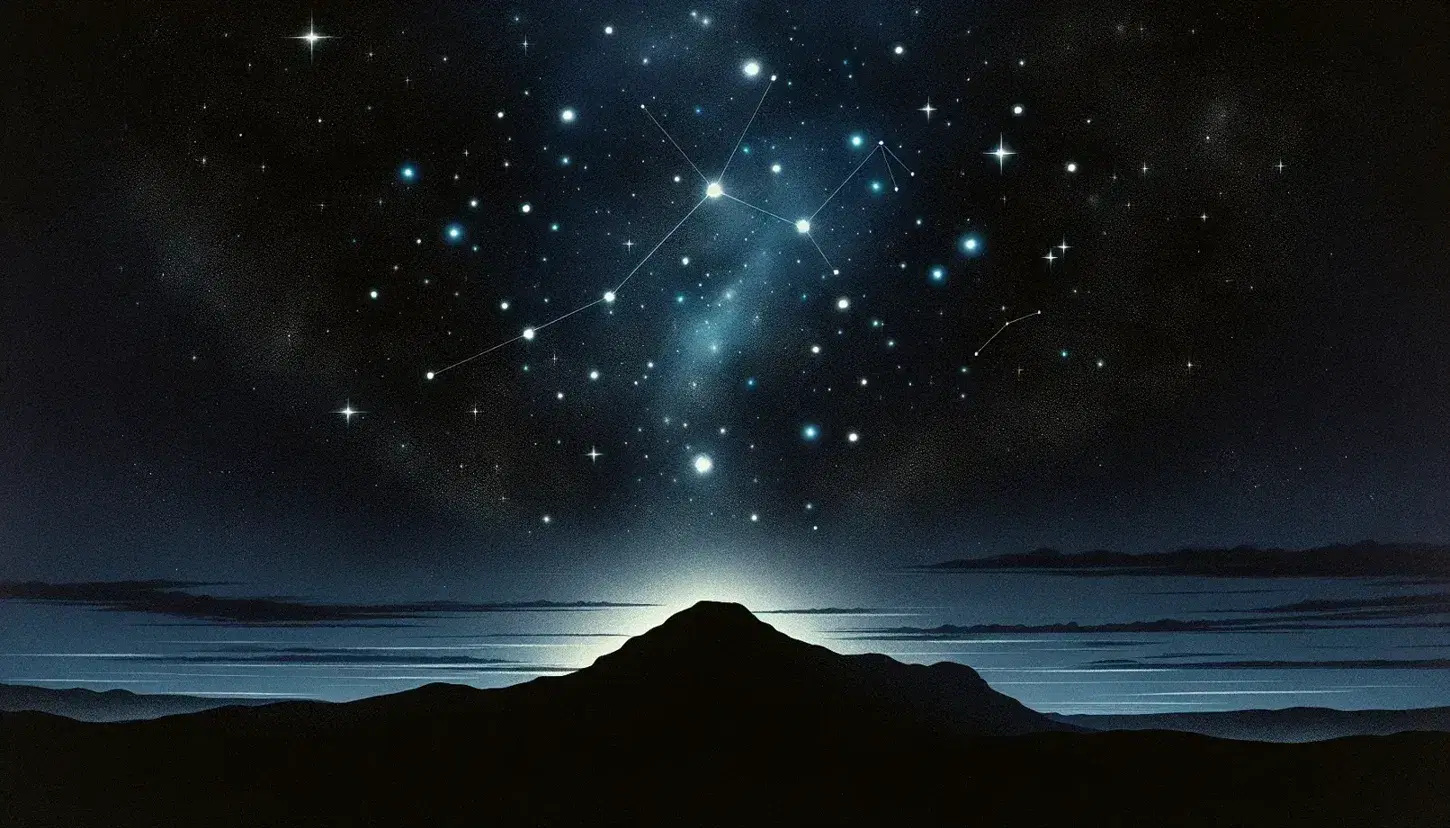 Cielo notturno stellato con sfumature di blu scuro, costellazione visibile, montagna in silhouette e nebulosa dai colori pastello.