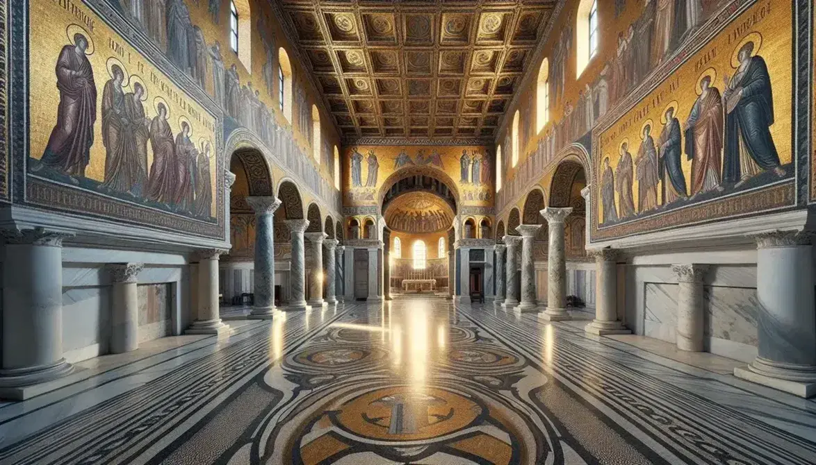 Interno basilica con mosaici dorati e figure cerimoniali su pareti, colonne marmoree con capitelli corinzi e pavimento in marmo lucido.