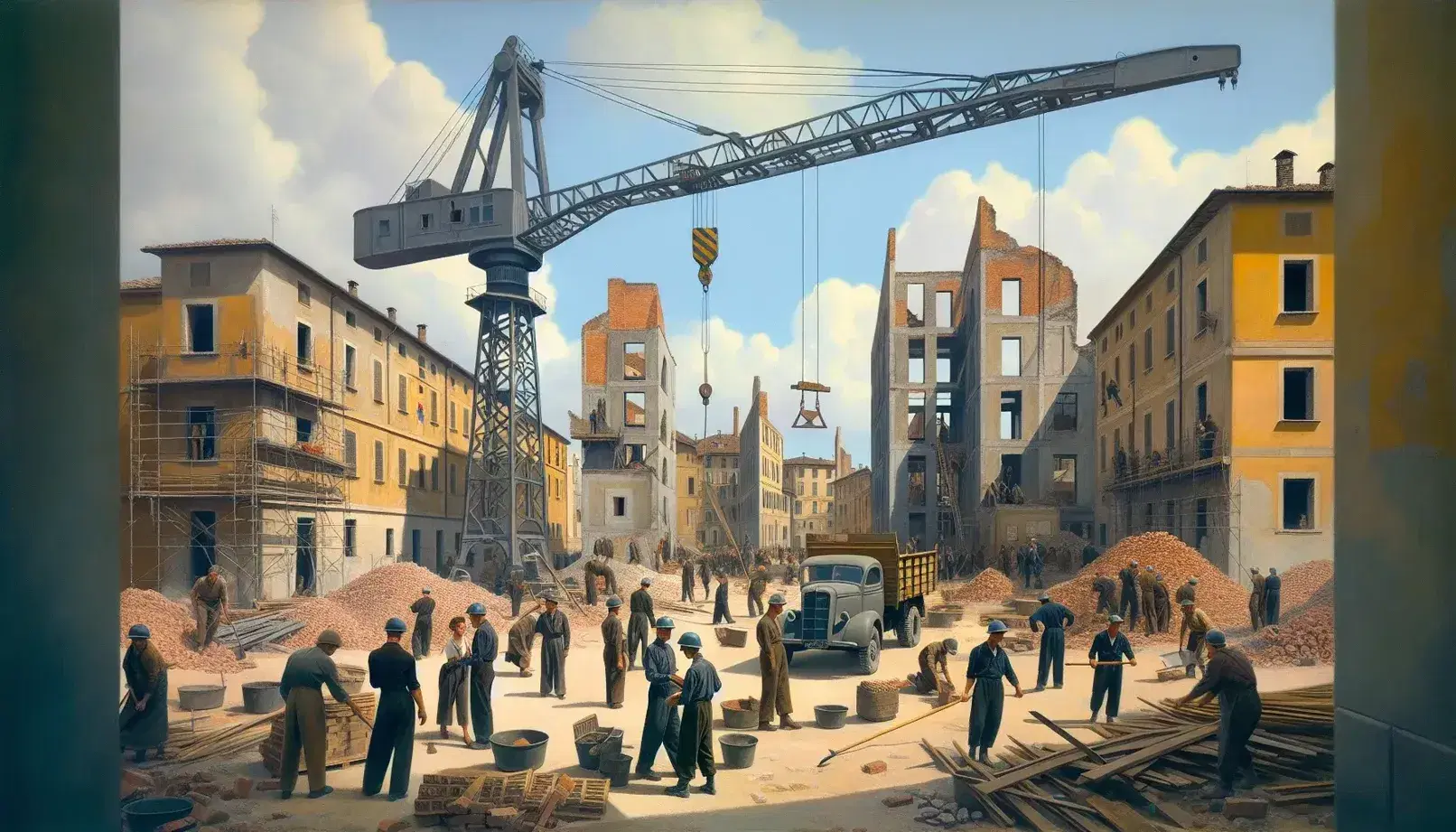 Cantiere post-bellico in Italia con gru metallica, operai al lavoro tra macerie e strutture parzialmente ricostruite, camion verde carico di detriti.