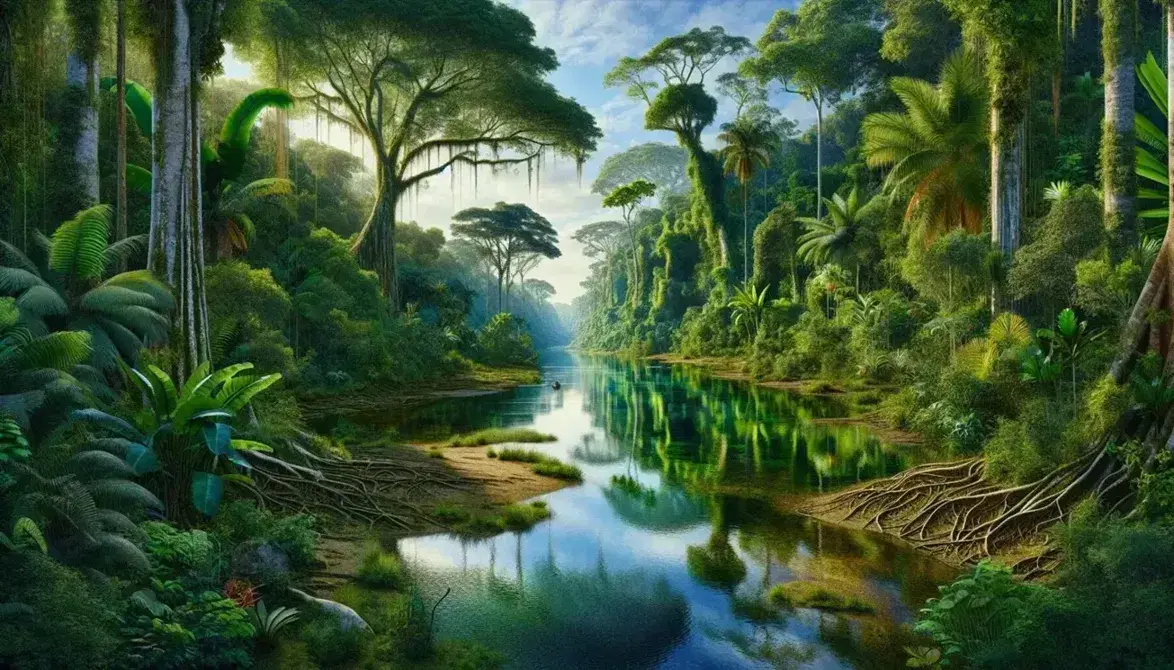 Tranquil scene of the Amazon rainforest with Amazonas river, reflections of sky and vegetation, scarlet macaw on branch and capybara on the bank.