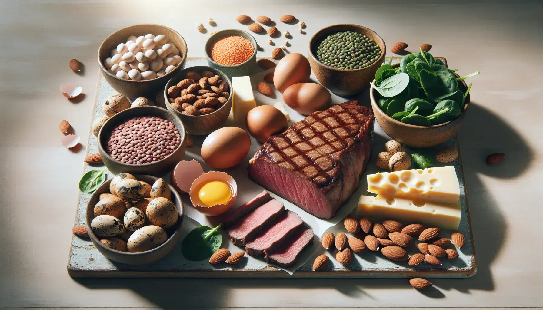 Variedad de alimentos ricos en proteínas incluyendo un jugoso bistec de res, huevos, almendras, lentejas, queso, filete de salmón y espinacas frescas sobre superficie de madera clara.