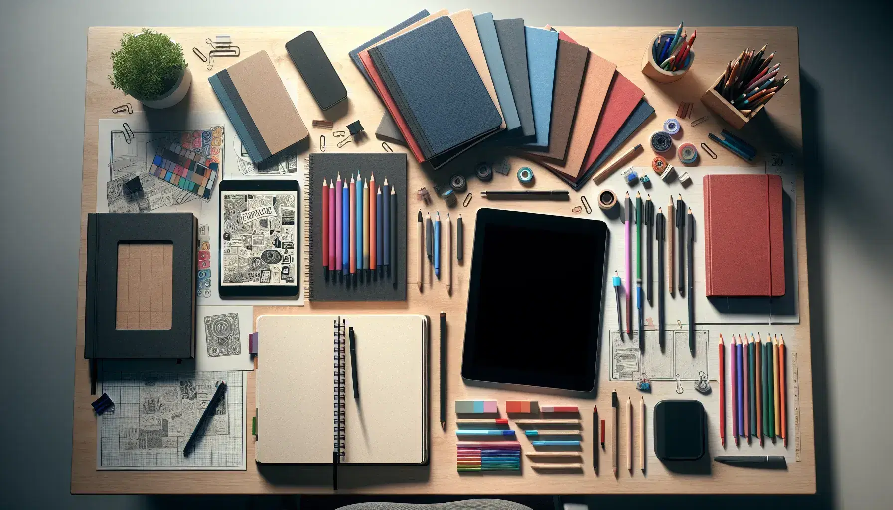 Scrivania in legno chiaro con quaderno aperto, penne colorate, libri impilati, tablet su supporto e pianta in vaso, pronta per lo studio.