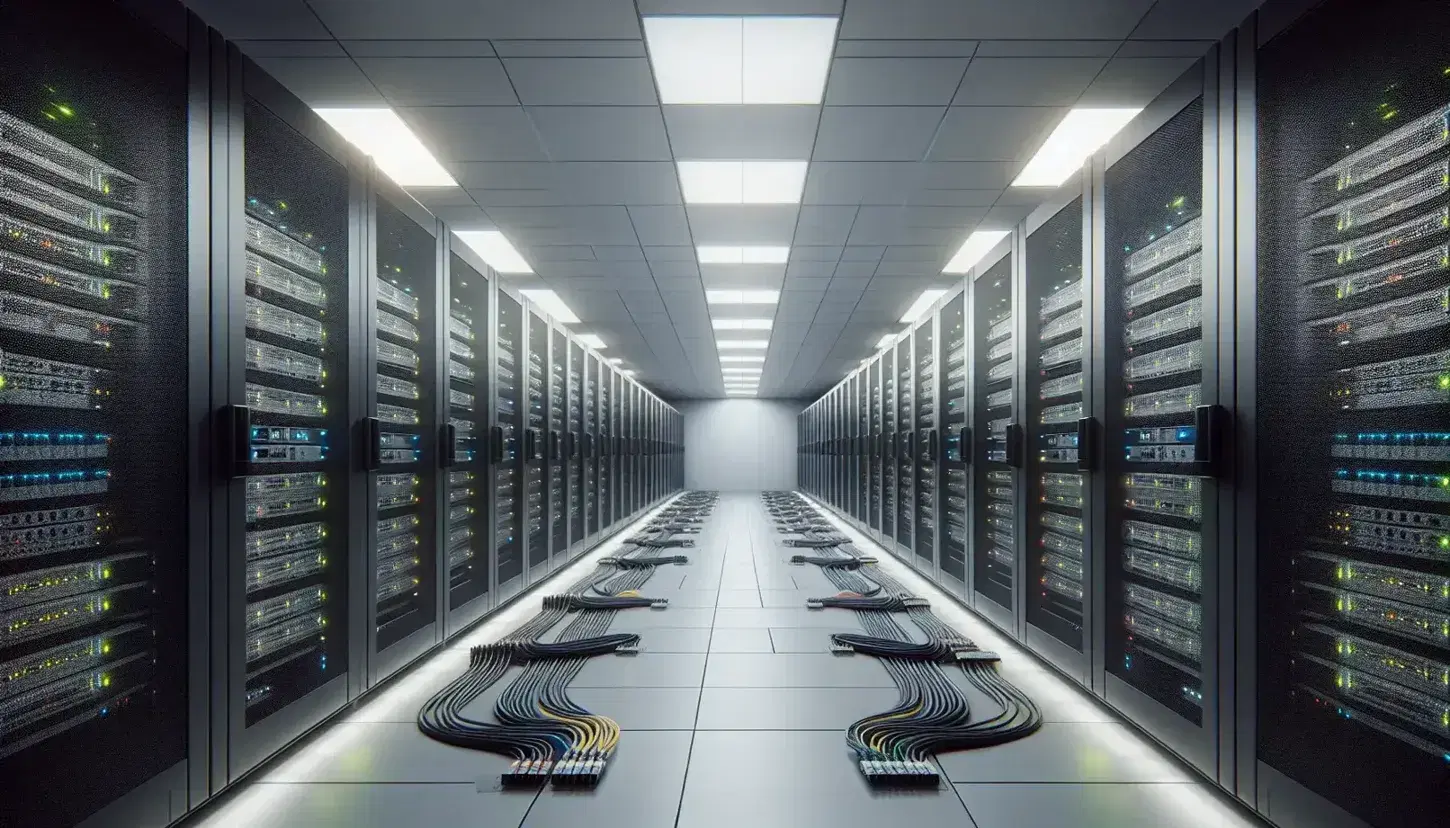 Sala server moderna e organizzata con rack neri, unità server, luci LED, cavi colorati e pavimento antistatico grigio.