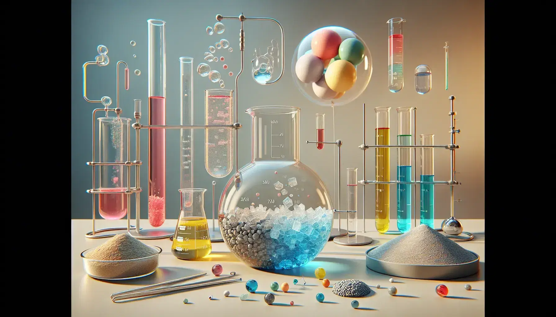 Laboratorio scientifico con becher contenente liquido incolore e cristalli blu, provetta con soluzione gialla, cilindro graduato con liquidi stratificati e piatto Petri con sabbia e ciottoli.