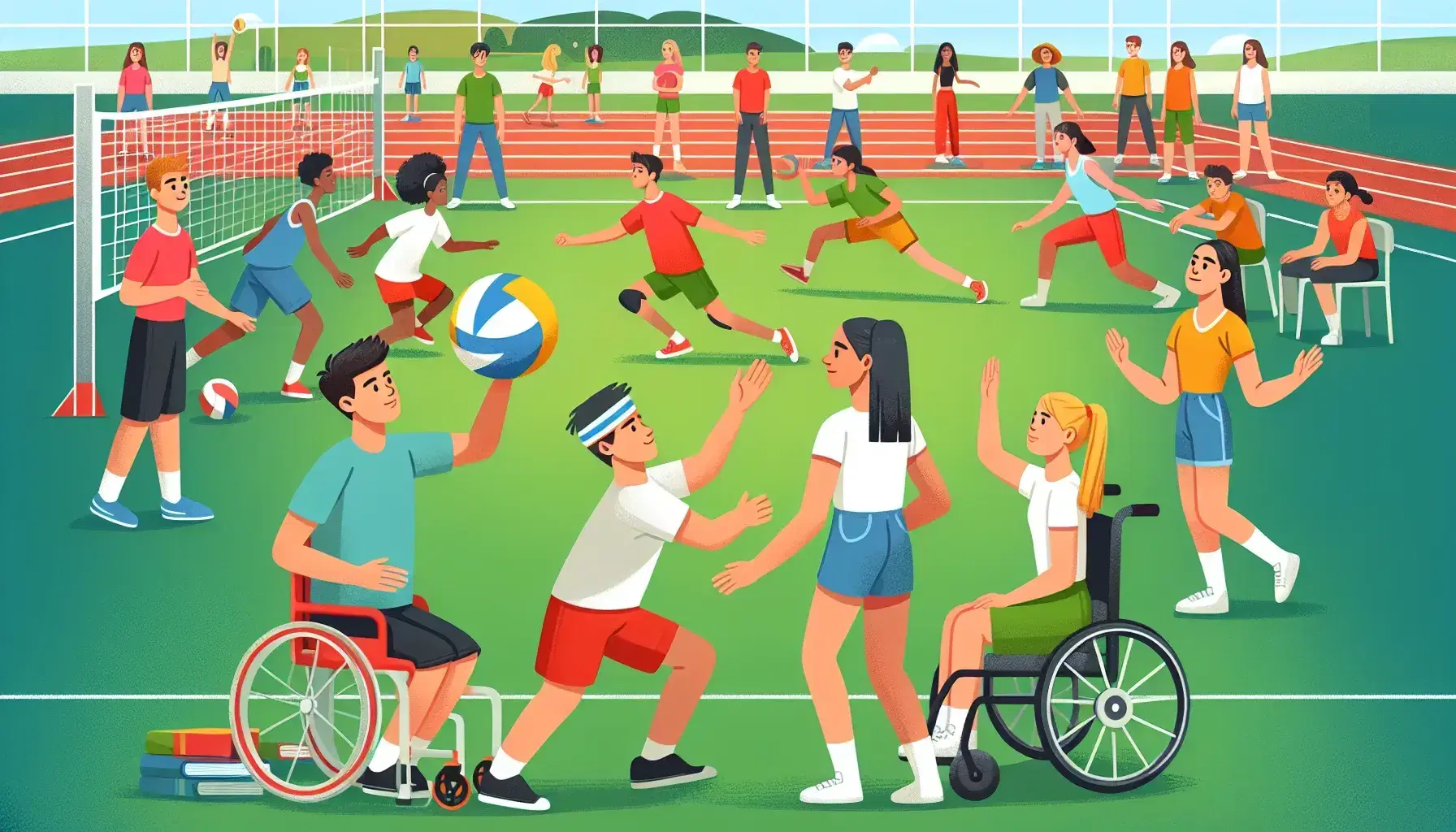 Estudiantes diversos realizando actividades físicas al aire libre, pasando un balón de voleibol y corriendo en pista, incluyendo un compañero en silla de ruedas, bajo un cielo despejado.