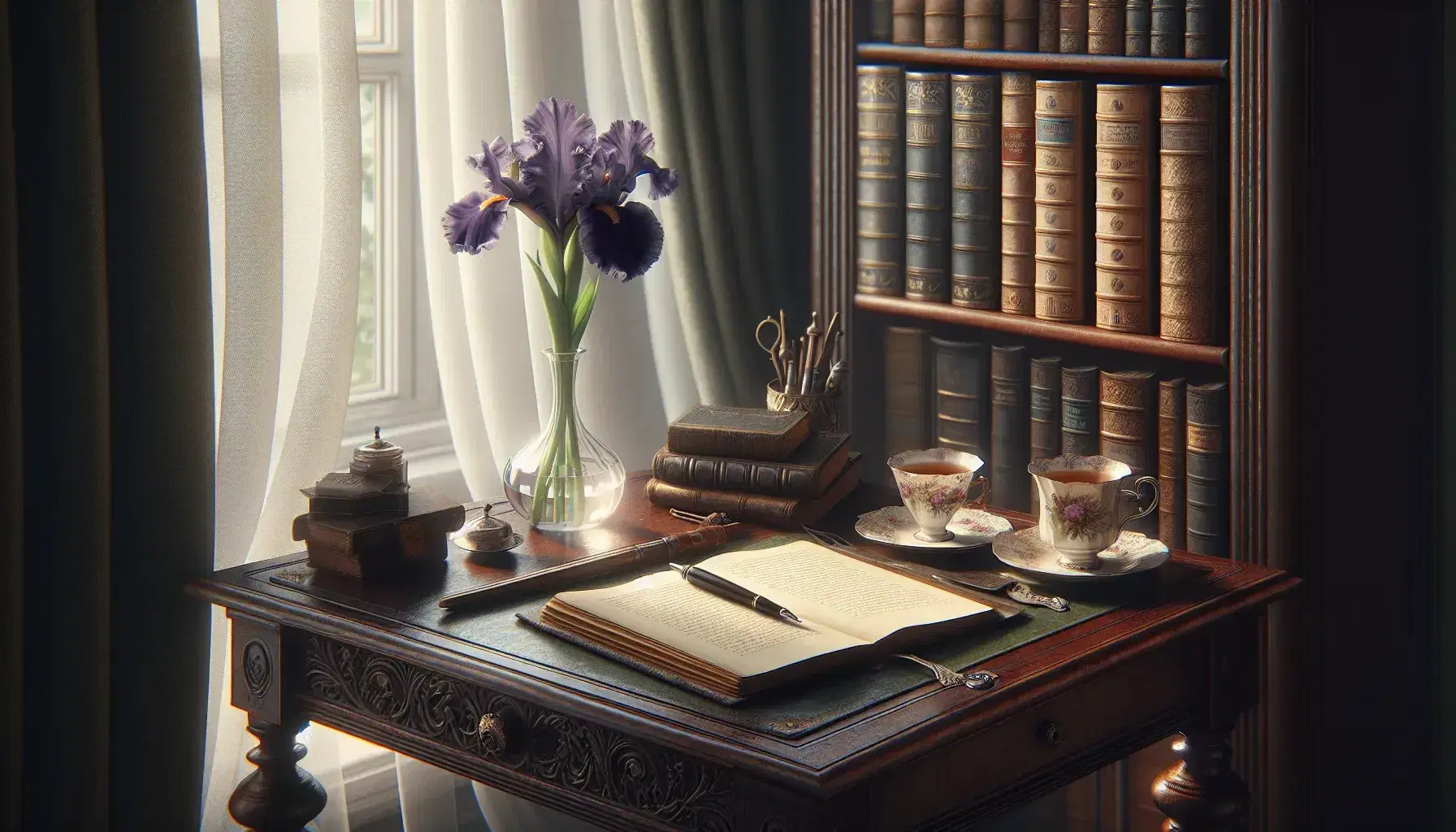 Vintage writing desk by a window with sheer curtains, featuring an open notebook, fountain pen, porcelain teacup, and a violet iris in a glass vase, with a blurred bookshelf background.