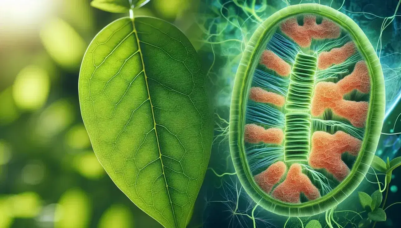 Close-up of a green leaf with visible vascular system and representations of a semi-transparent mitochondrion and chloroplast on the blurred natural background.