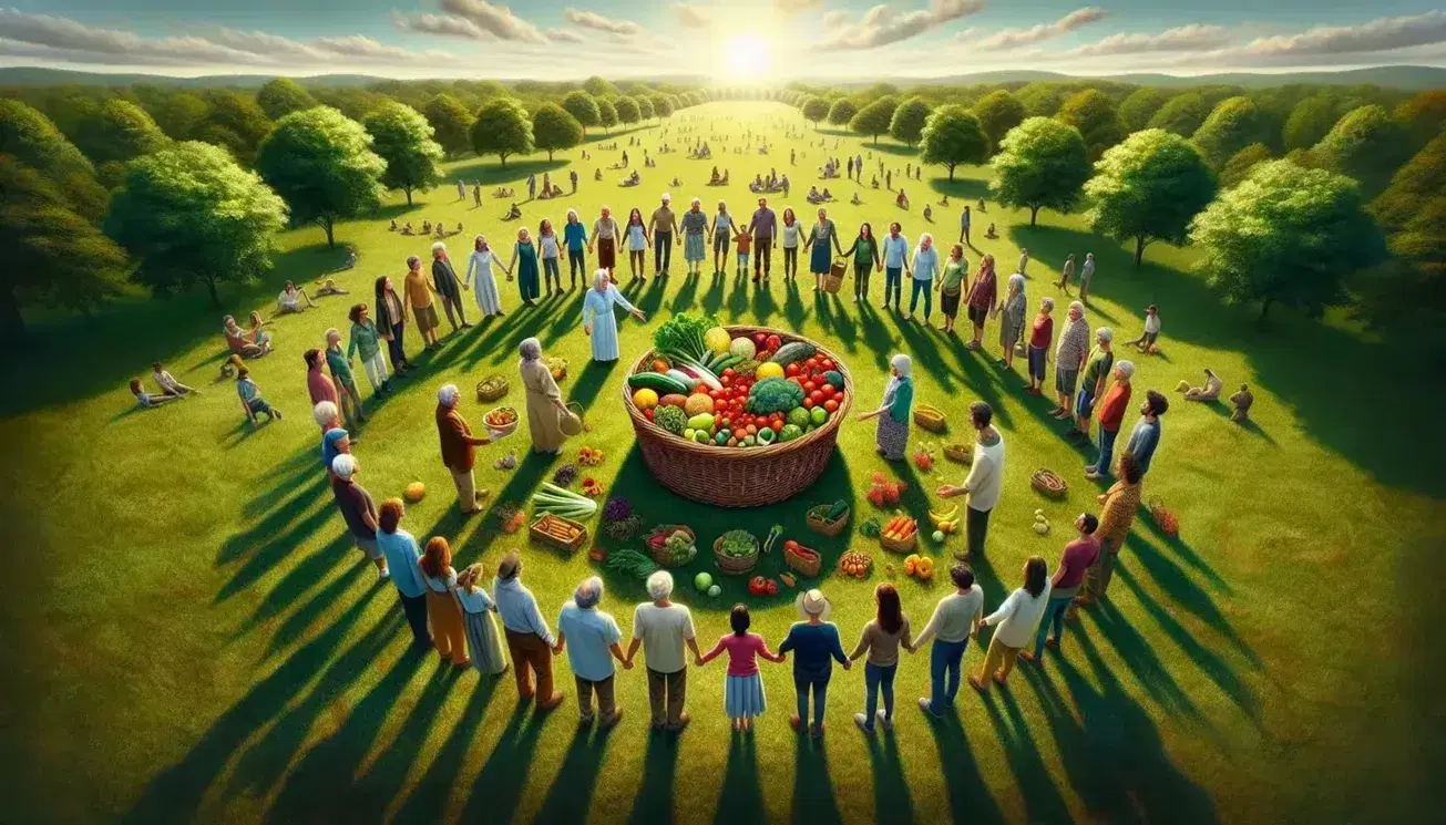 Grupo diverso de personas sonriendo y compartiendo una canasta de frutas y verduras frescas en un parque soleado.