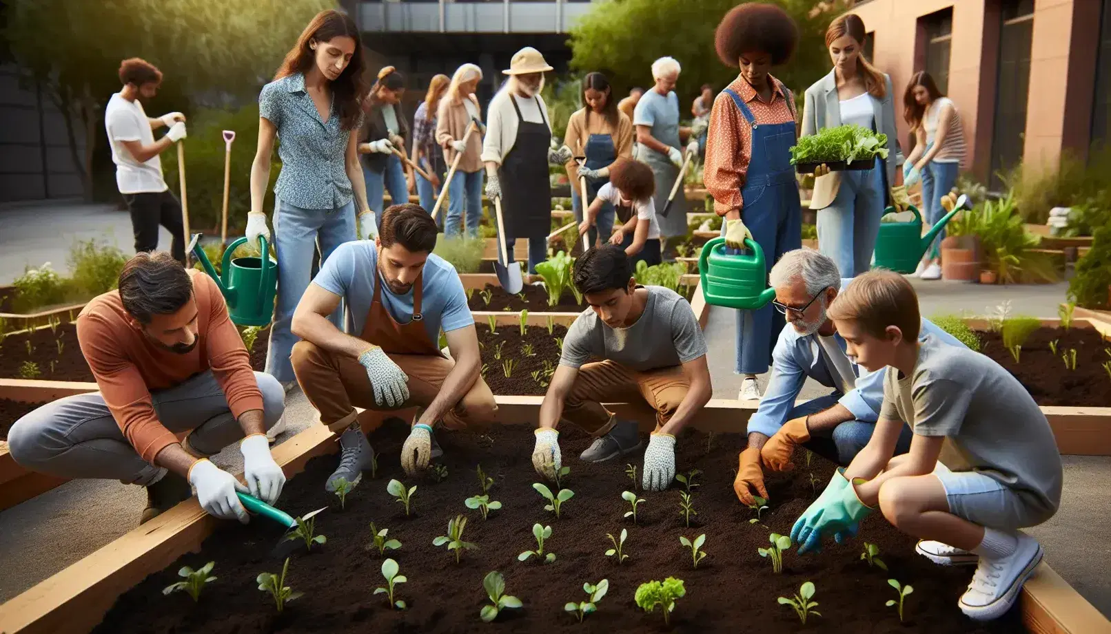 Grupo diverso participando en jardinería urbana, con personas plantando y regando en un día soleado, rodeados de árboles y cielo azul.