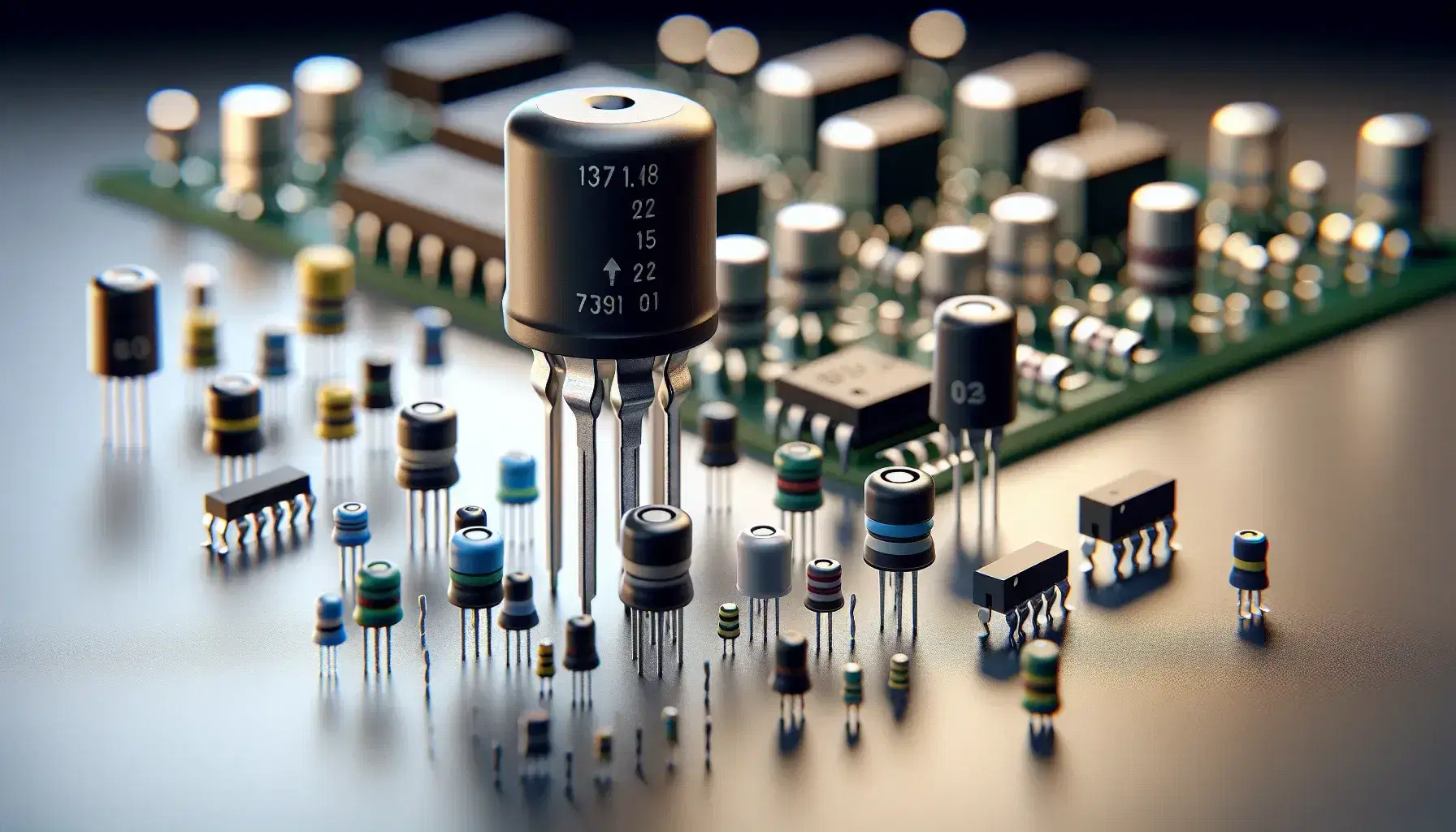 Transistores bipolares de unión en superficie de trabajo con PCB y componentes electrónicos como resistencias y capacitores en segundo plano.