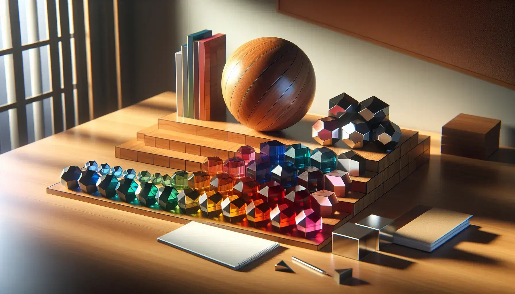 Organized desk with wooden sphere, stacked metallic cubes, colorful acrylic tetrahedrons, black prism, and white cylinder, against a bookshelf backdrop.
