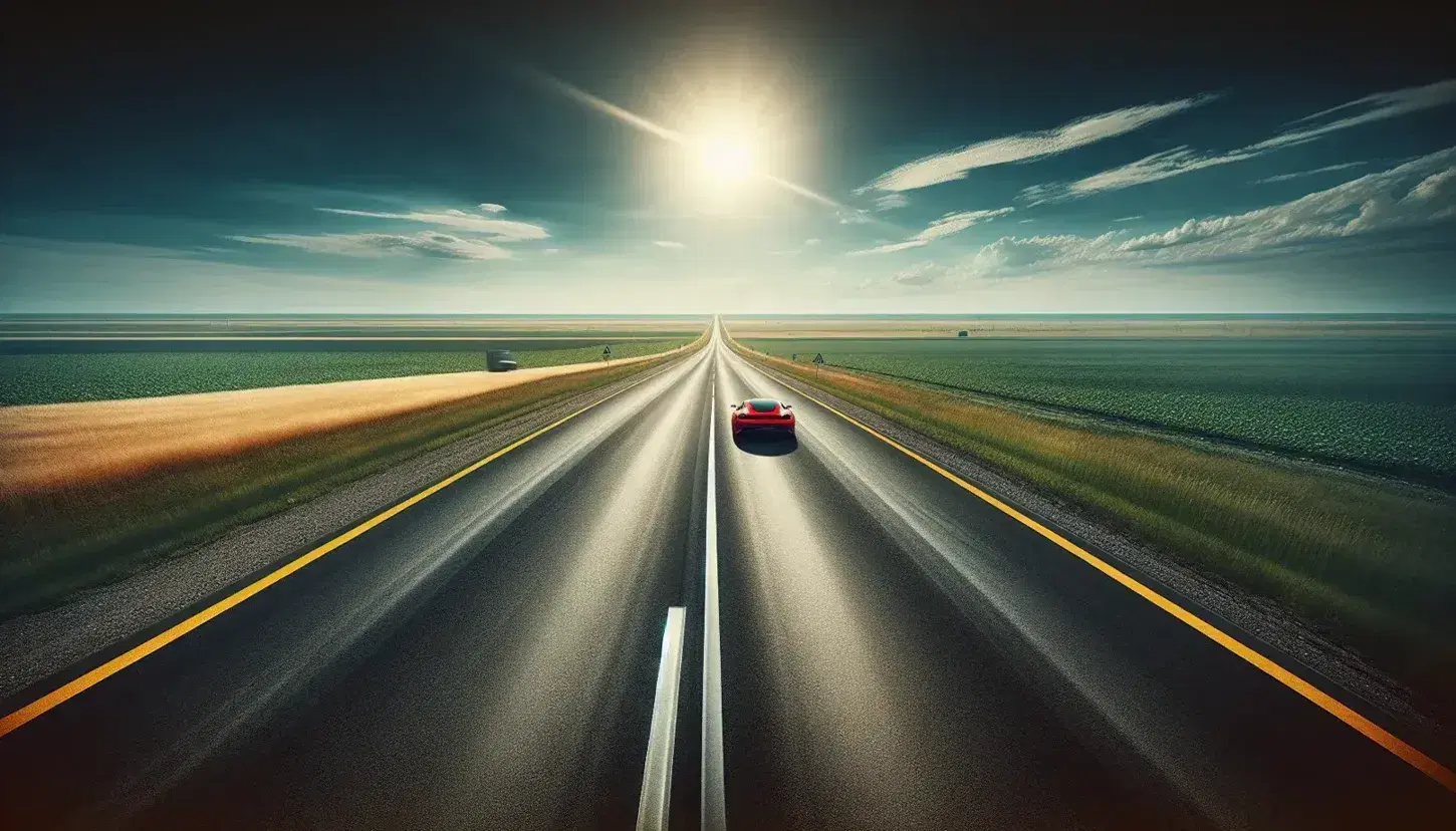 Strada dritta che si perde all'orizzonte con auto sportiva rossa ferma sotto il sole, cielo azzurro con nuvole sparse e campi verdi ai lati.