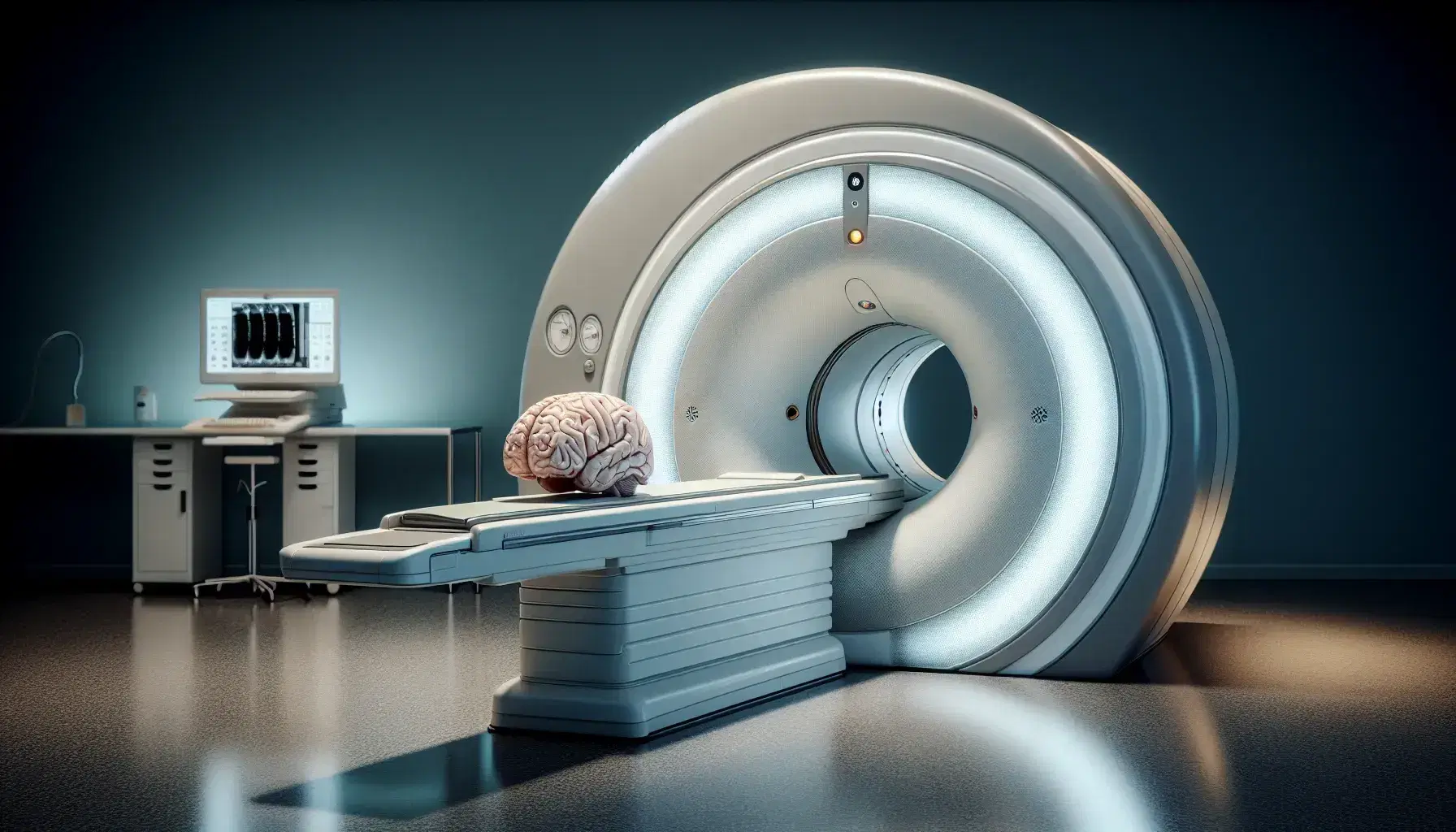 Modern MRI machine in clinical setting with patient table and anatomical model of human brain.