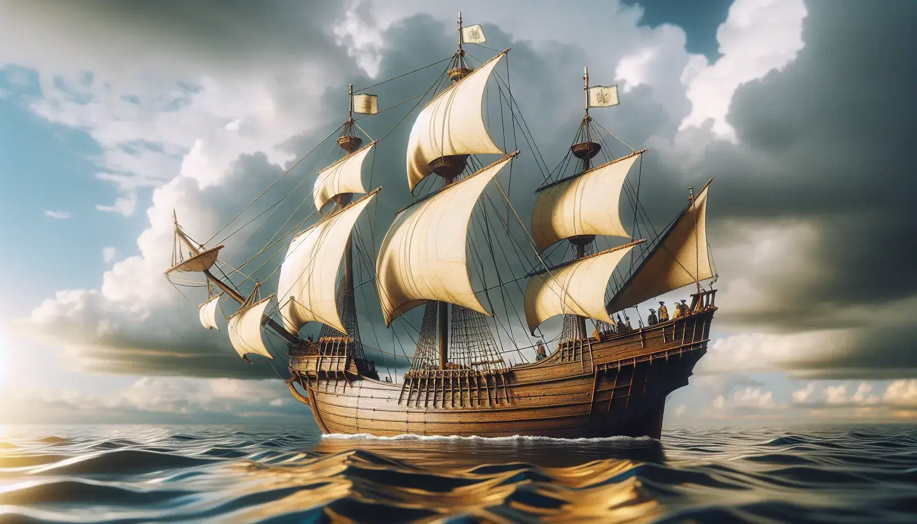 Riproduzione di una caravella del XV secolo in mare con vele quadre spiegate, scafo marrone e figure in abiti d'epoca sul ponte.