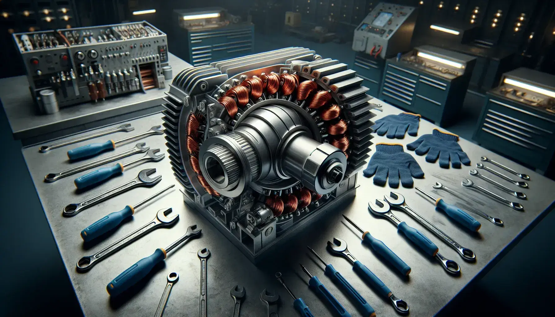 Motore asincrono trifase aperto con rotore centrale, stator con avvolgimenti in rame e strumenti di manutenzione su banco lavoro.