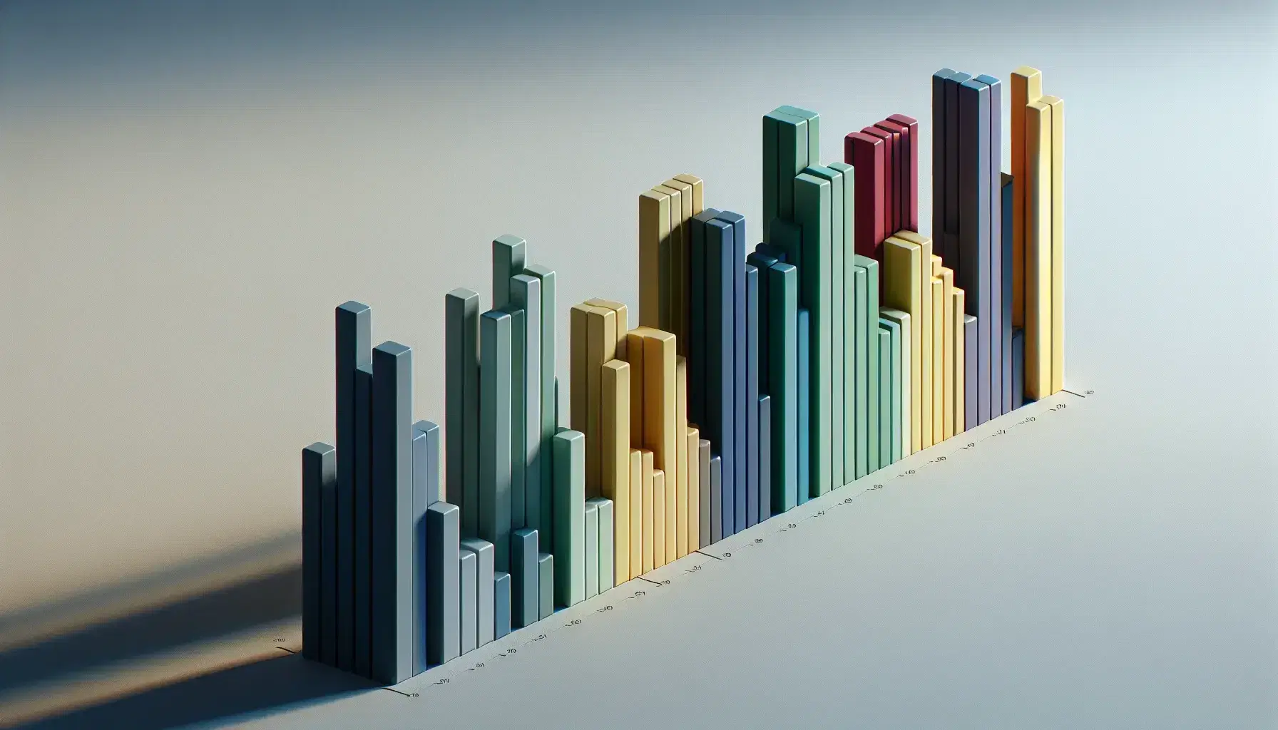 Colorful 3D bar graph with ascending heights from left to right in light blue, green, yellow, red, and deep purple on a gray background.