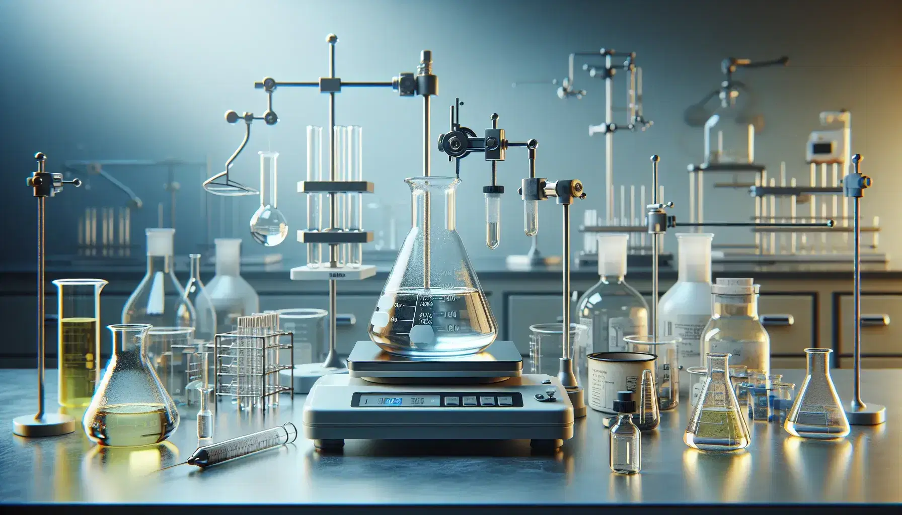 Laboratorio de química con matraz Erlenmeyer, tubo de ensayo en soporte metálico, balanza analítica y agitador magnético, sin etiquetas visibles.